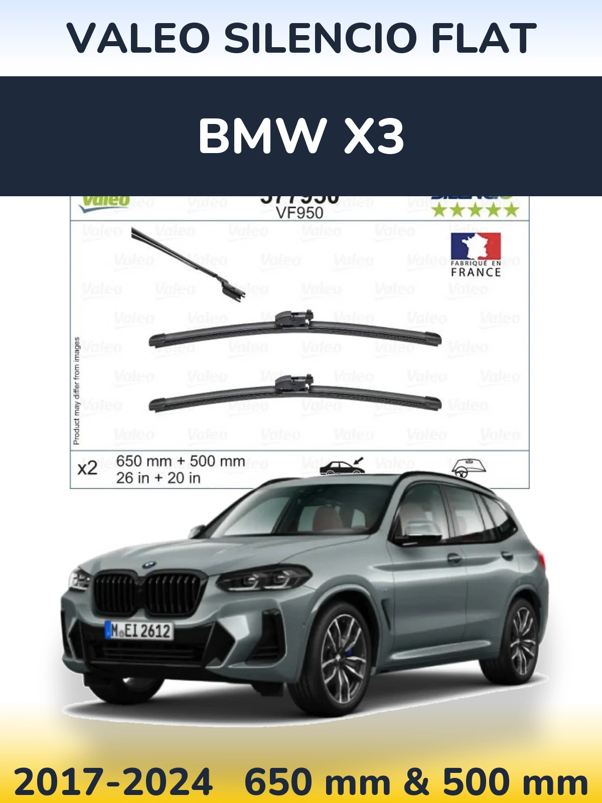 Front wiper blade set Valeo Silencio Flat 650 & 500 mm for BMW X3 2017-2024