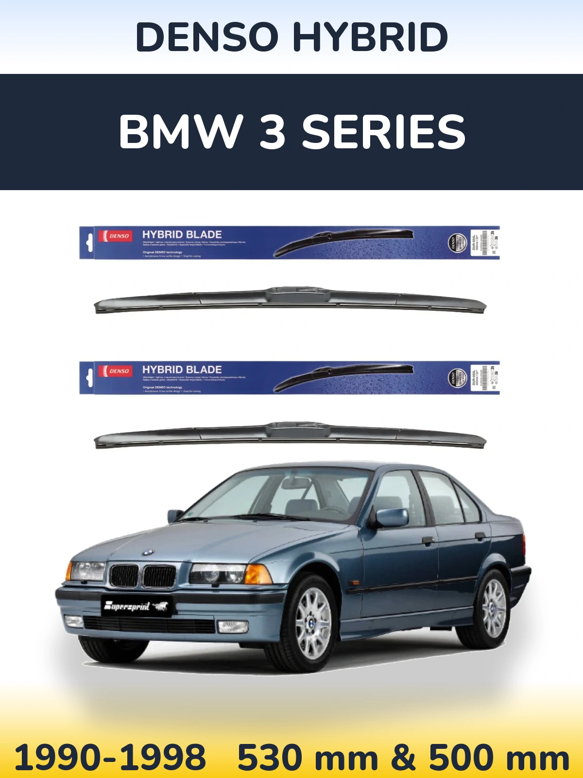 Front wiper blade set Denso Hybrid 530 & 500 mm for BMW 3 Series 1990-1998