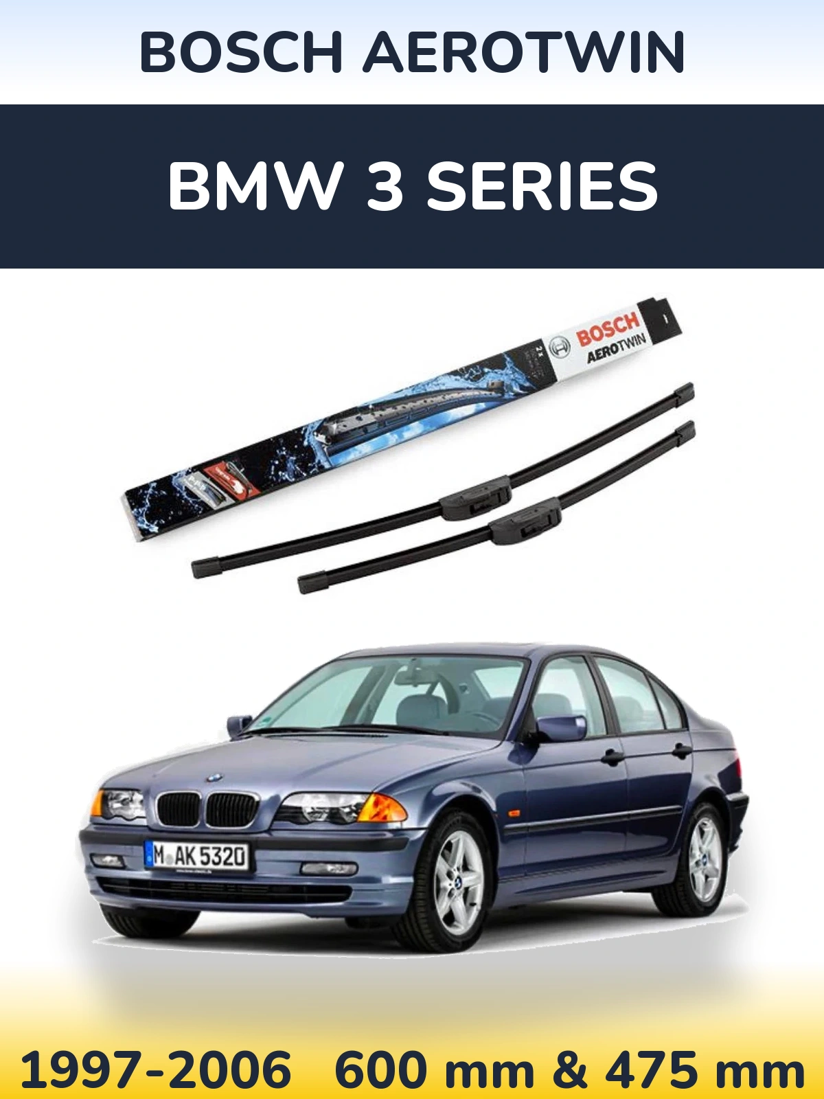 Front wiper blade set BOSCH AeroTwin 600 & 475 mm for BMW 3 Series 1997-2006