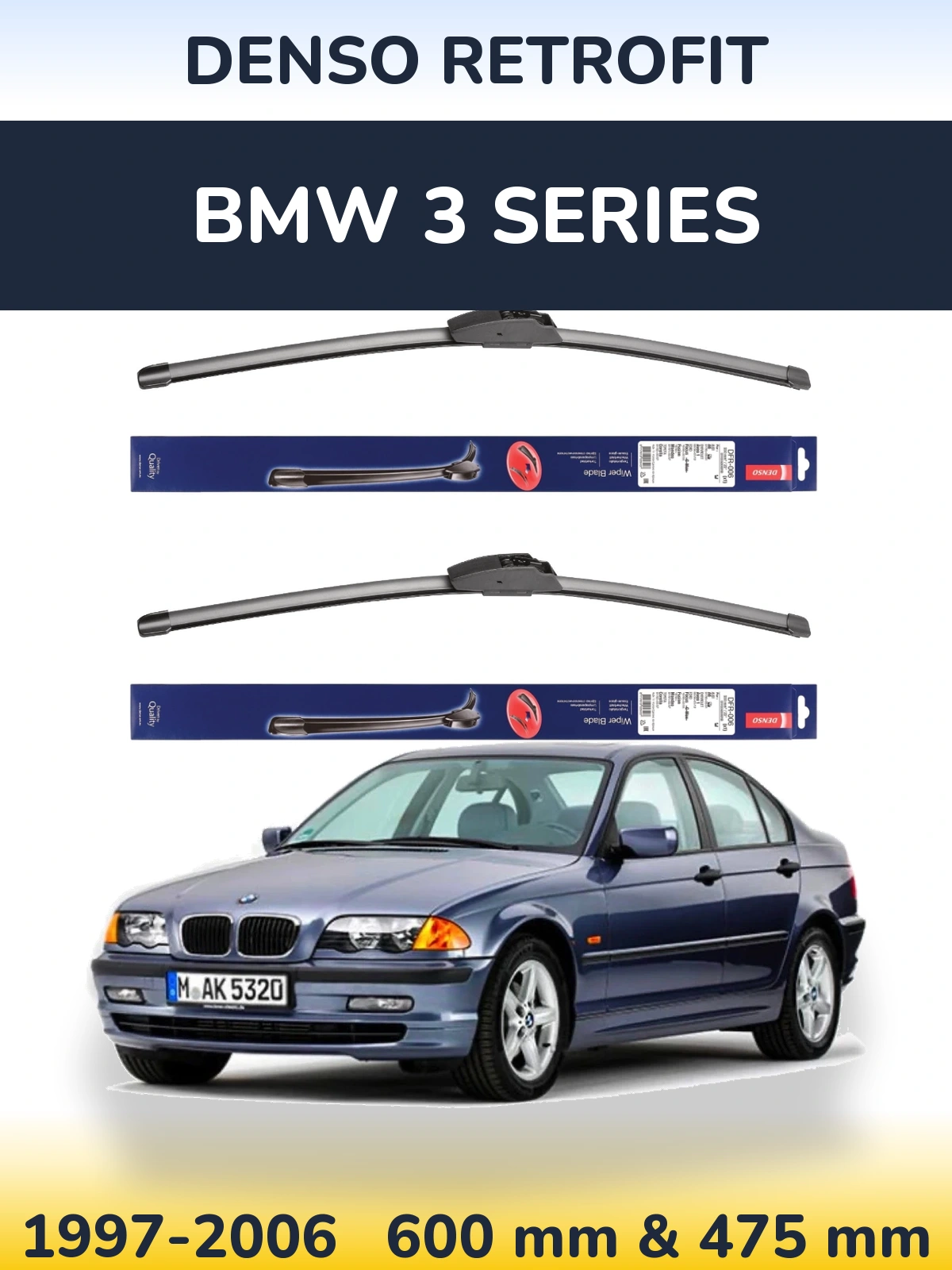 Front wiper blade set Denso Retrofit 600 & 475 mm for BMW 3 Series 1997-2006