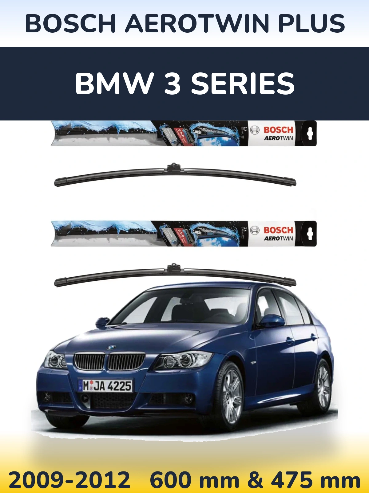 Front wiper blade set BOSCH AeroTwin Plus 600 & 475 mm for BMW 3 Series 2009-2012