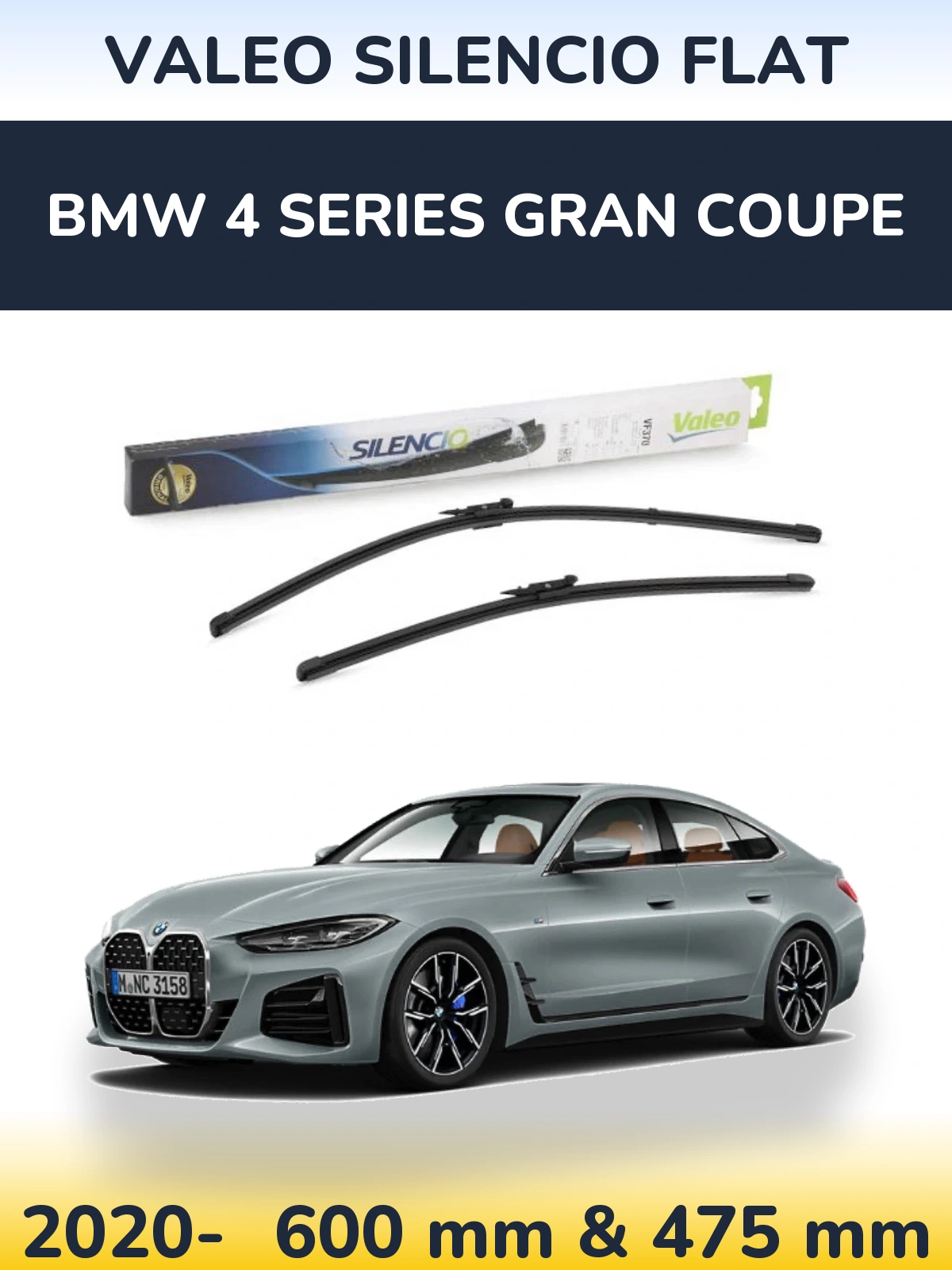 Front wiper blade set Valeo Silencio Flat 600 & 475 mm for BMW 4 Series Gran Coupe 2020-2026