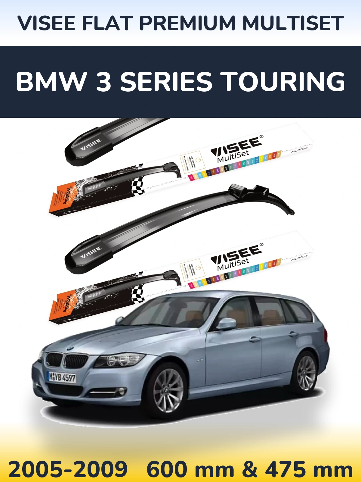 Front wiper blade set VISEE FLAT PREMIUM MultiSet 600 & 475 mm for BMW 3 Series Touring 2005-2009