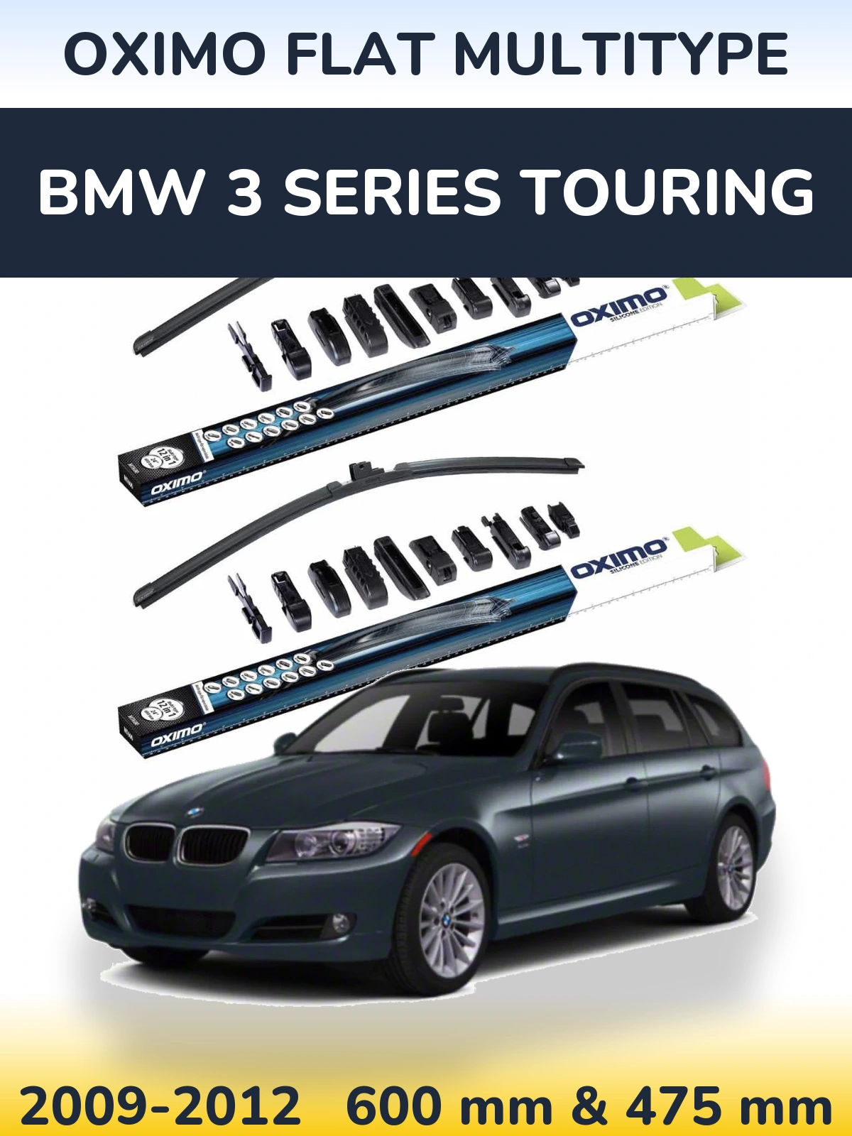 Front wiper blade set Oximo Flat MultiTipoe 600 & 475 mm for BMW 3 Series Touring 2009-2012