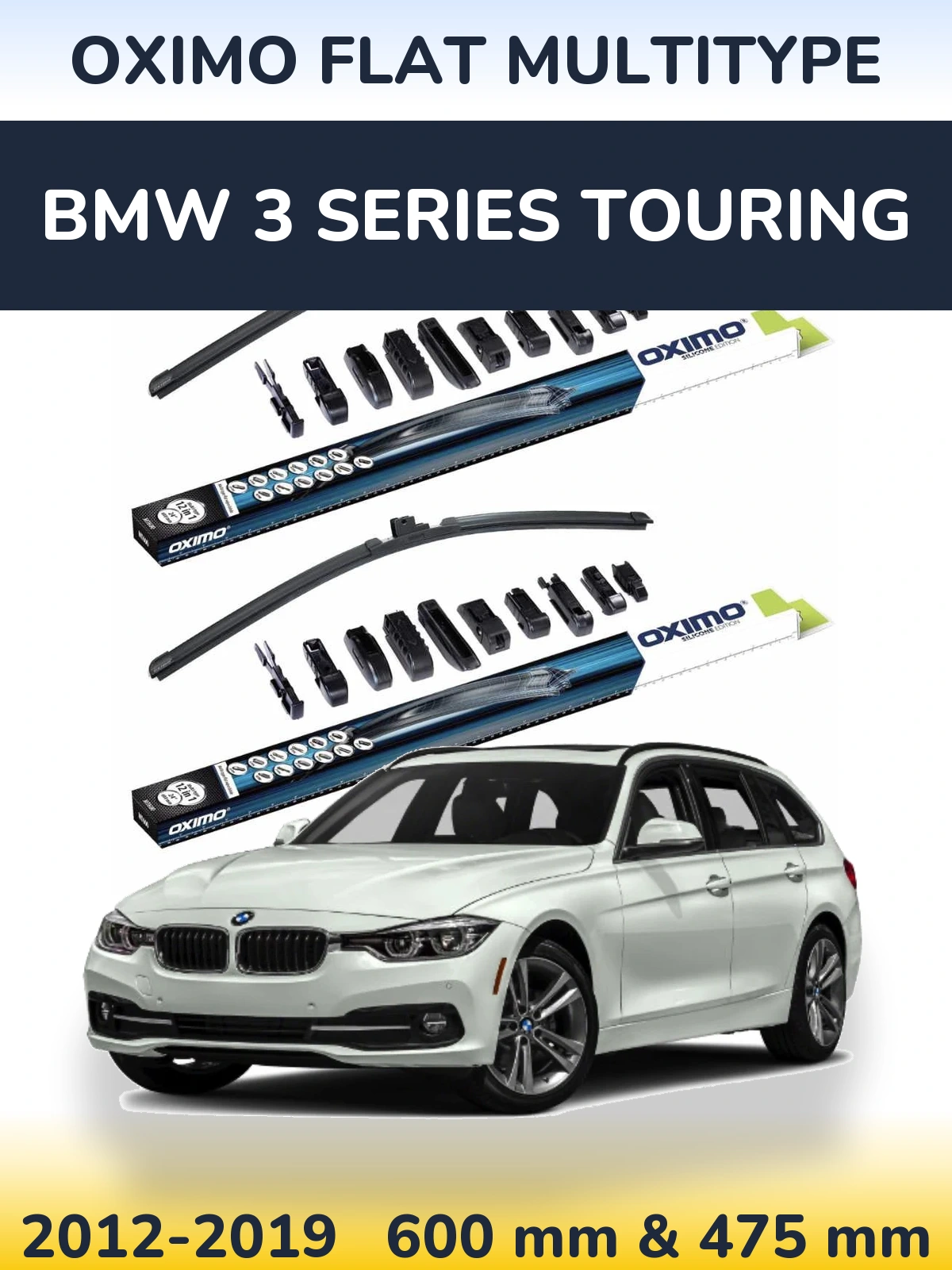 Front wiper blade set Oximo Flat MultiTipoe 600 & 475 mm for BMW 3 Series Touring 2012-2019