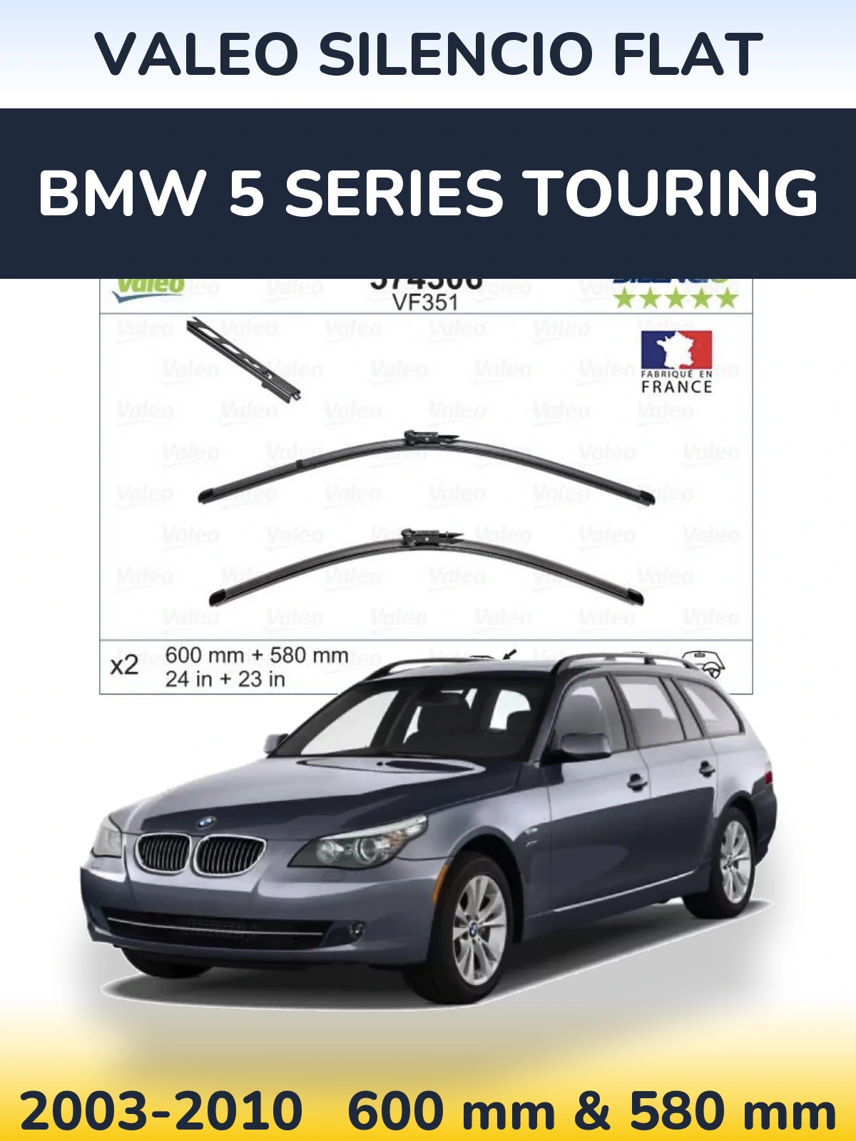 Front wiper blade set Valeo Silencio Flat 600 & 580 mm for BMW 5 Series Touring 2003-2010