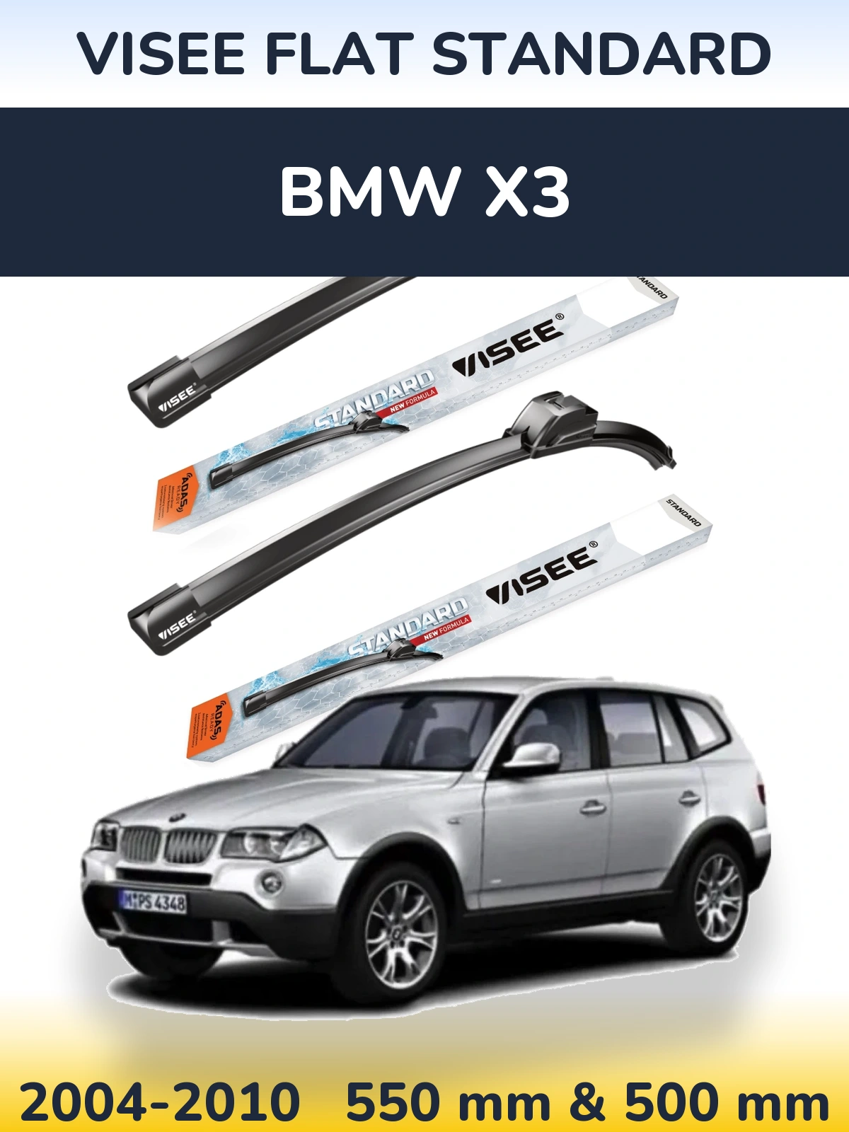 Front wiper blade set VISEE FLAT STANDARD 550 & 500 mm for BMW X3 2004-2010