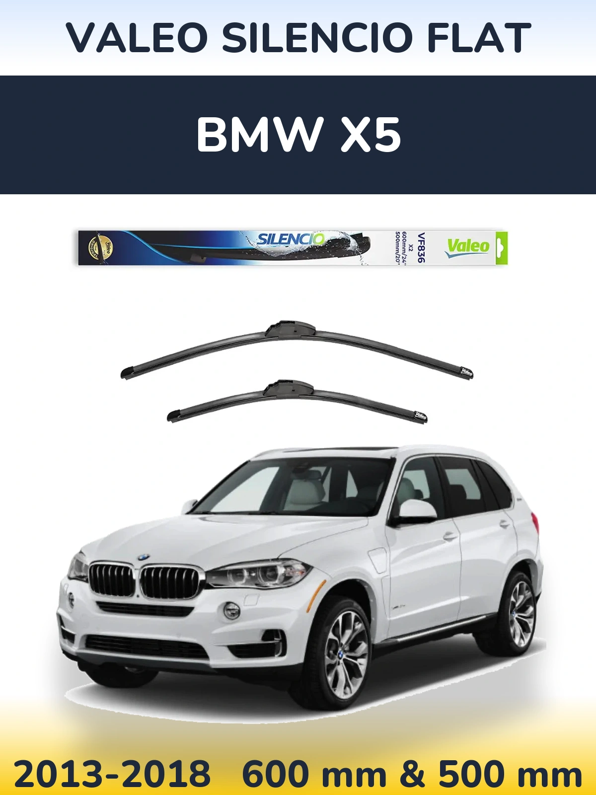 Front wiper blade set Valeo Silencio Flat 600 & 500 mm for BMW X5 2013-2018