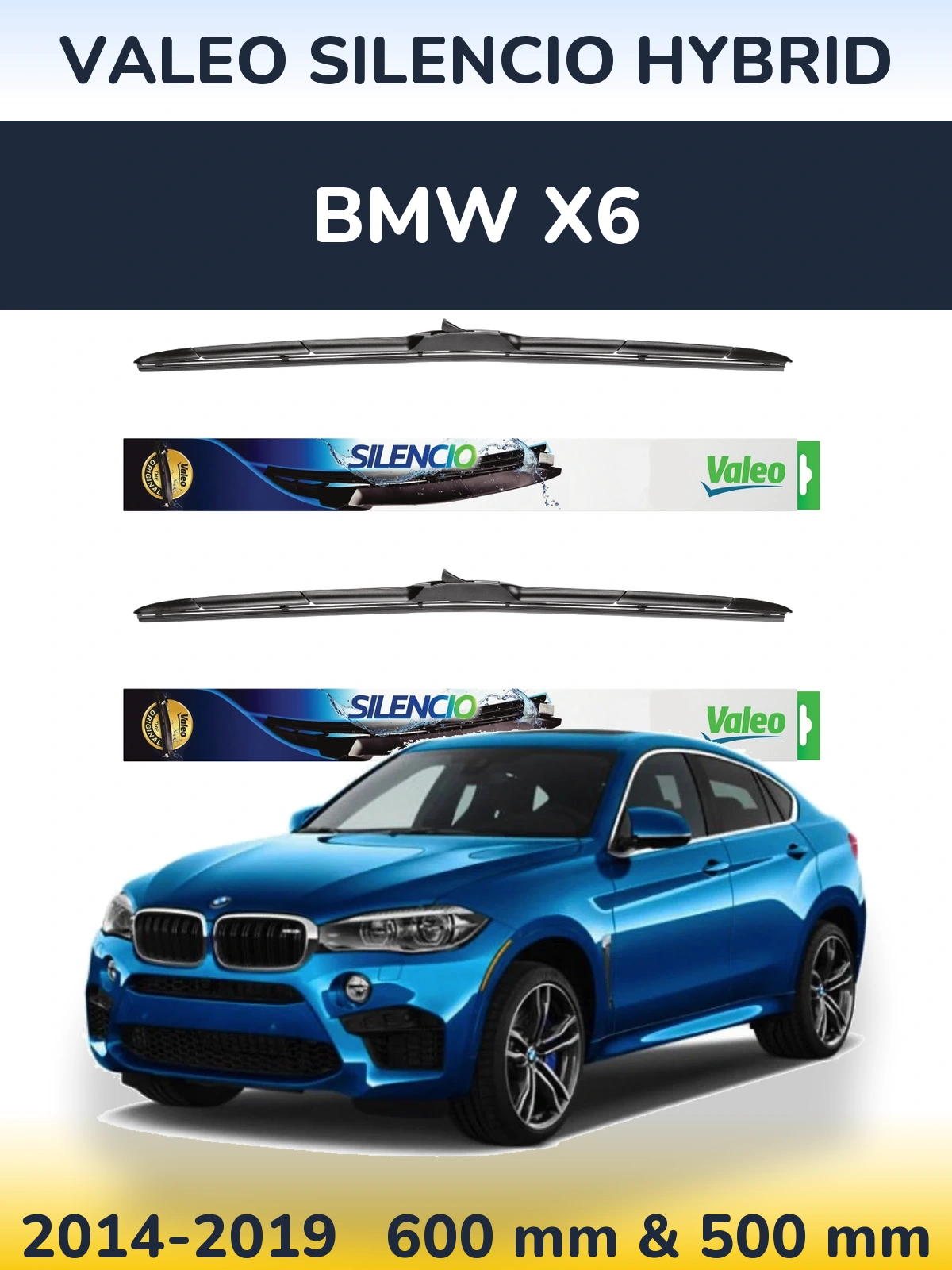 Front wiper blade set Valeo Silencio Hybrid 600 & 500 mm for BMW X6 2014-2019