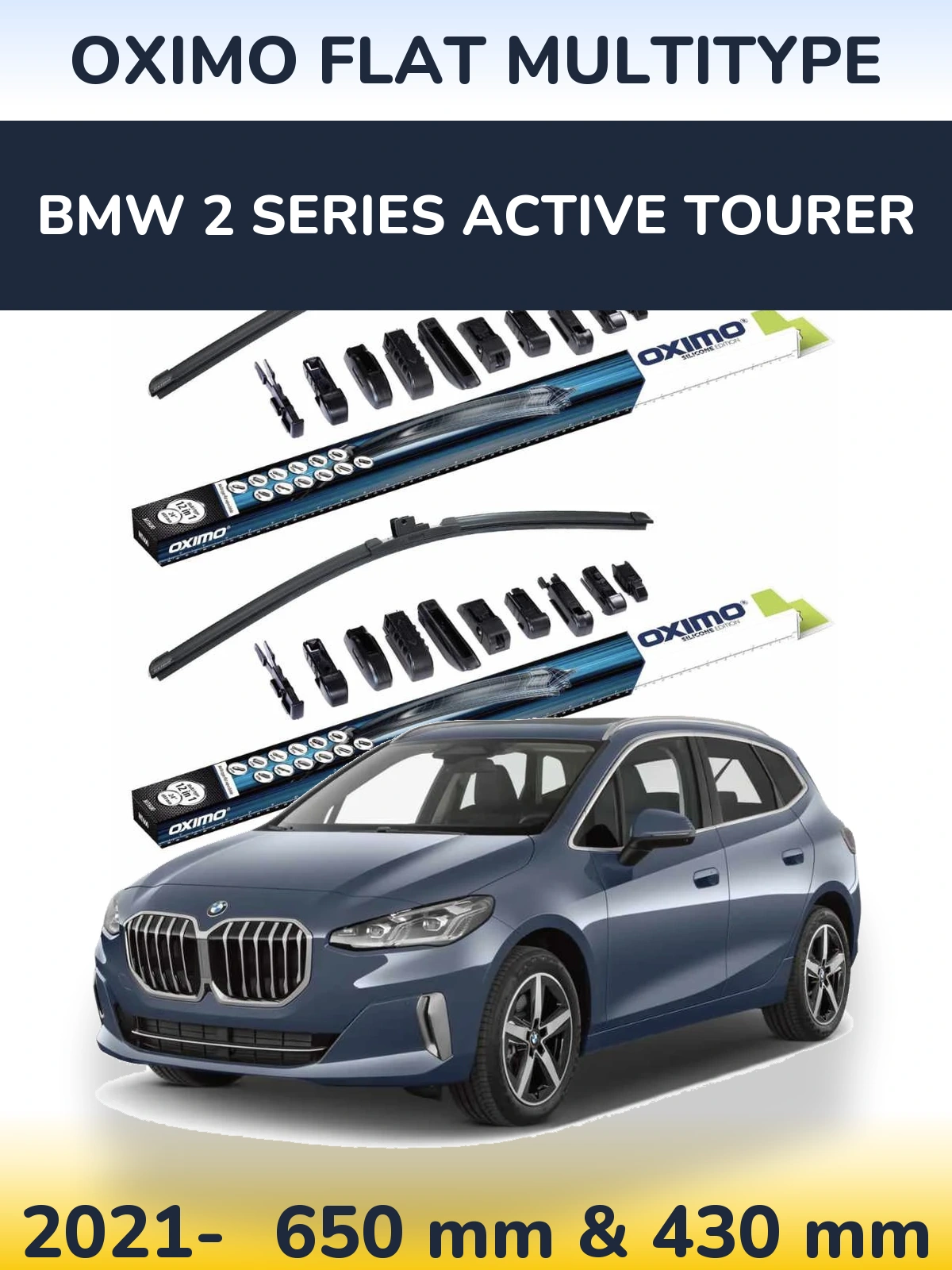 Front wiper blade set Oximo Flat MultiTipoe 650 & 430 mm for BMW 2 Series Active Tourer 2021-2026