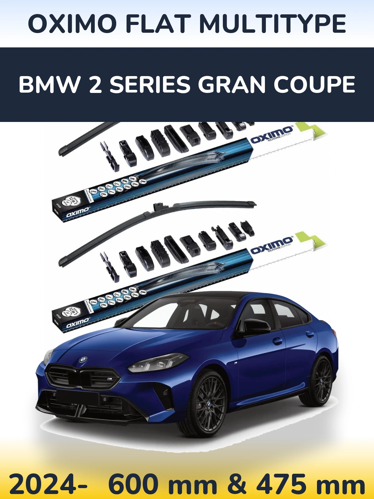 Front wiper blade set Oximo Flat MultiTipoe 600 & 475 mm for BMW 2 Series Gran Coupe 2024-2026