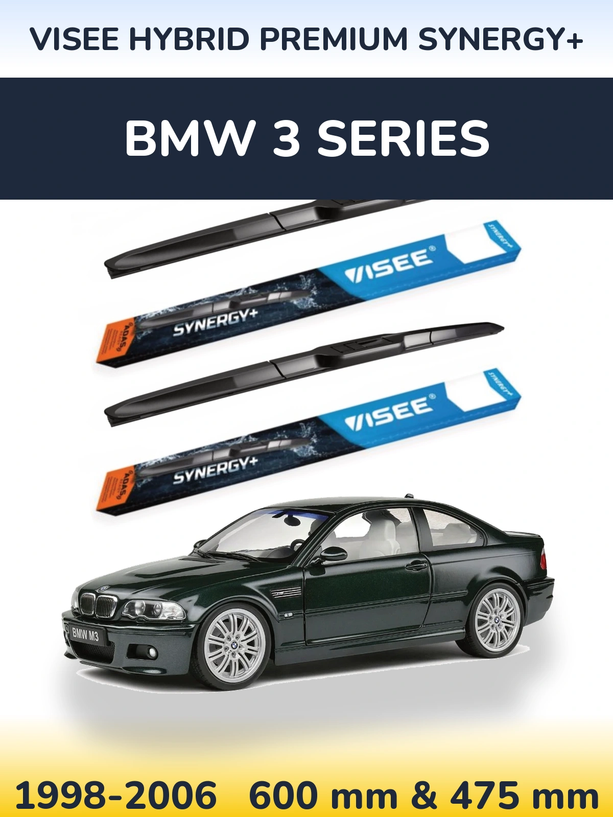 Front wiper blade set VISEE HYBRID PREMIUM SYNERGY+ 600 & 475 mm for BMW 3 Series 1998-2006