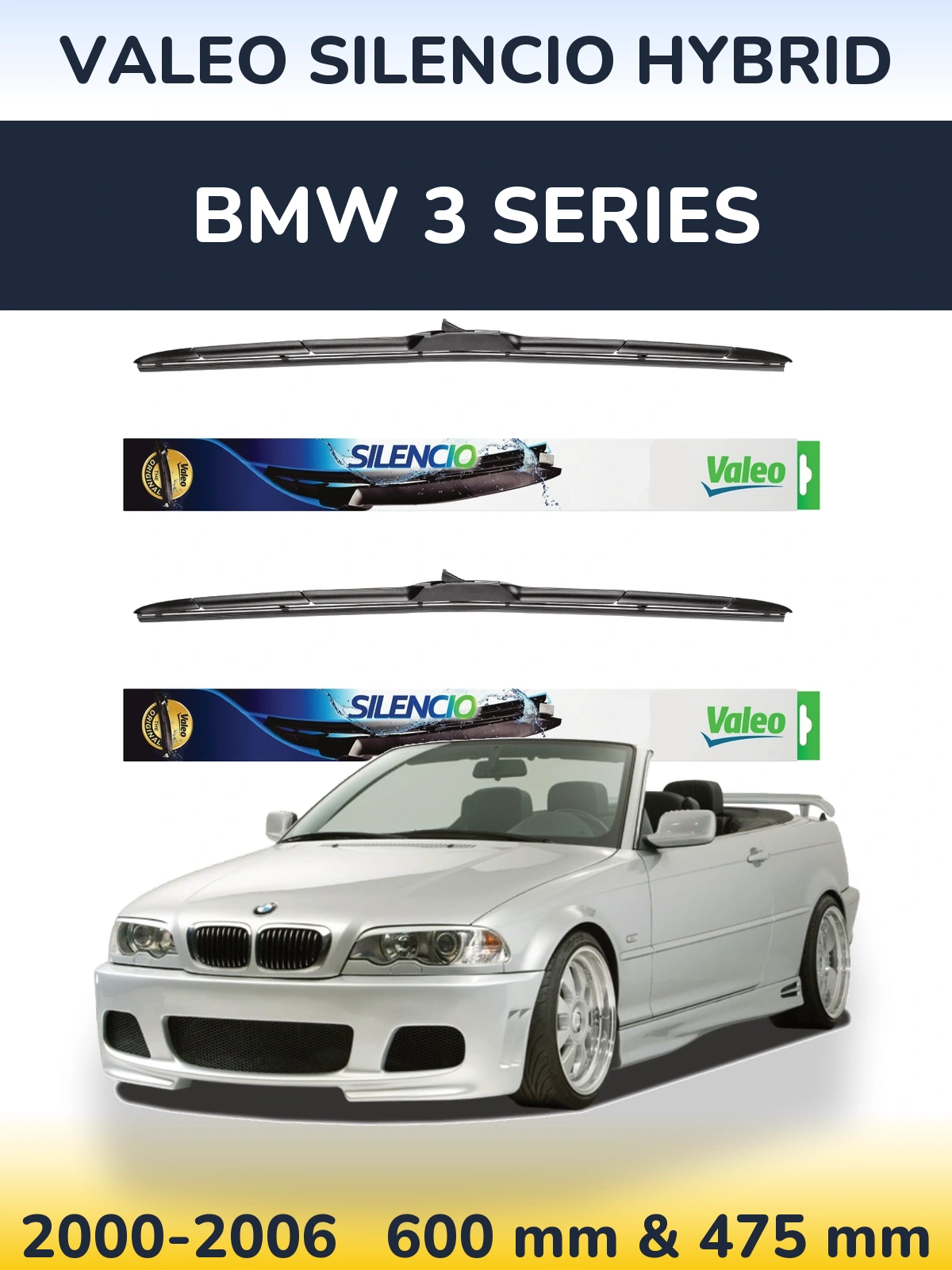 Front wiper blade set Valeo Silencio Hybrid 600 & 475 mm for BMW 3 Series 2000-2006