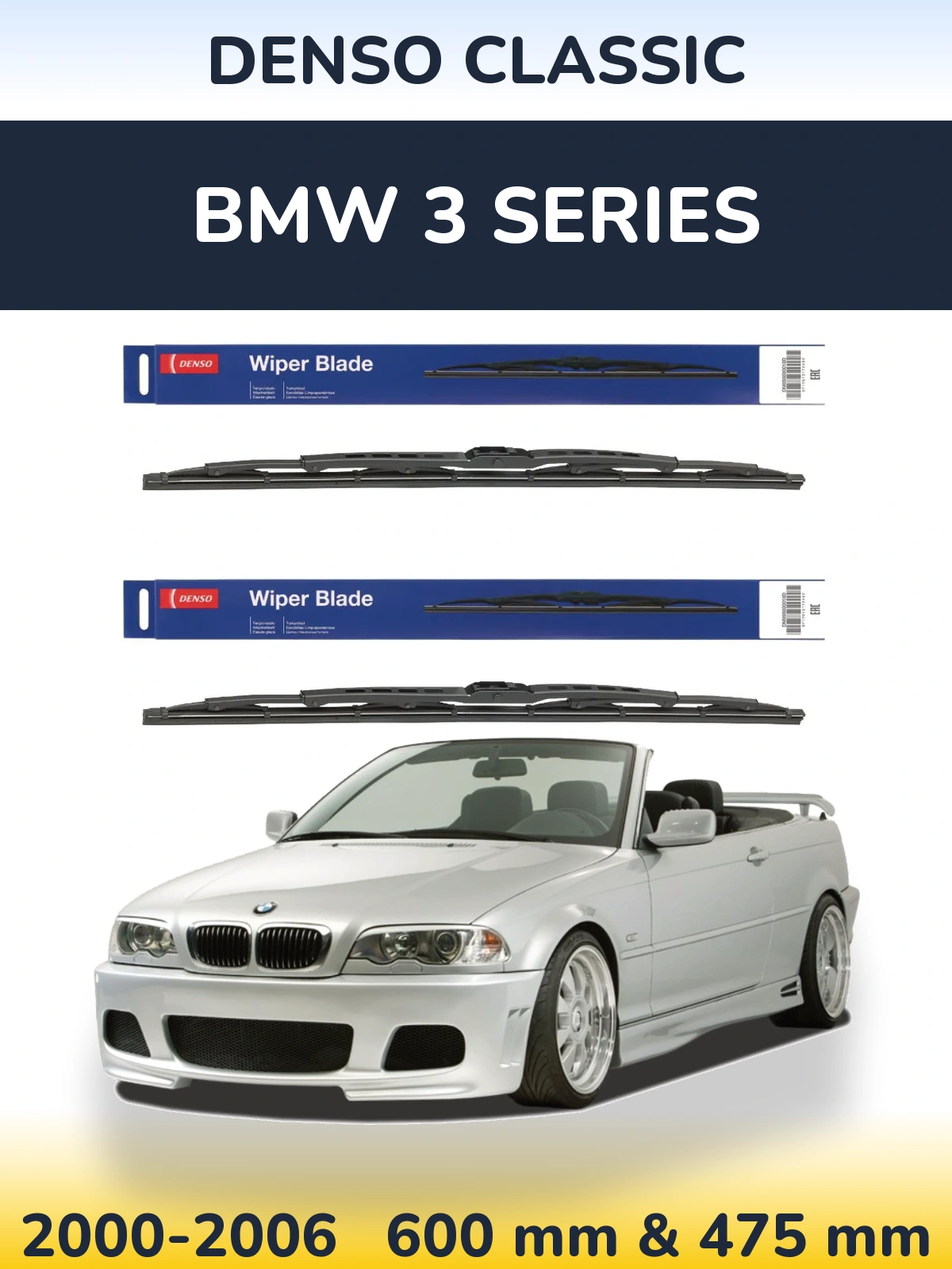 Front wiper blade set Denso Classic 600 & 475 mm for BMW 3 Series 2000-2006