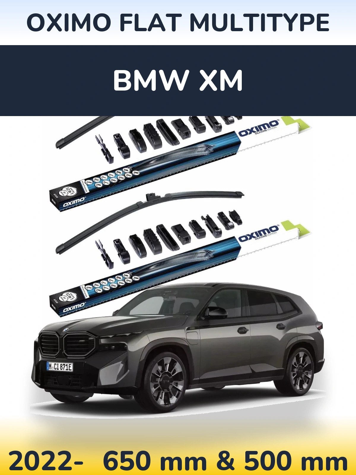 Front wiper blade set Oximo Flat MultiTipoe 650 & 500 mm for BMW XM 2022-2026