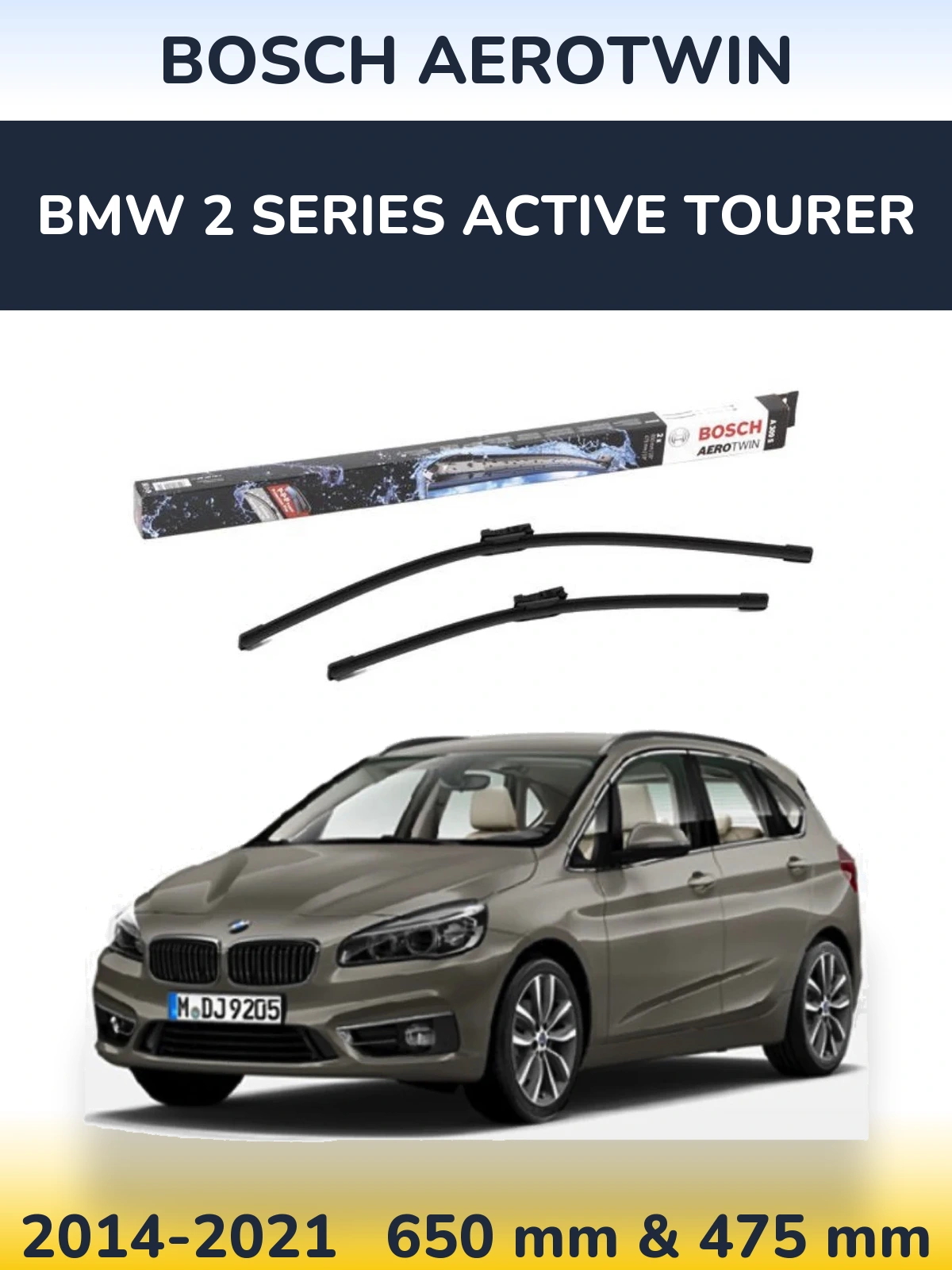 Front wiper blade set BOSCH AeroTwin 650 & 475 mm for BMW 2 Series Active Tourer 2014-2021
