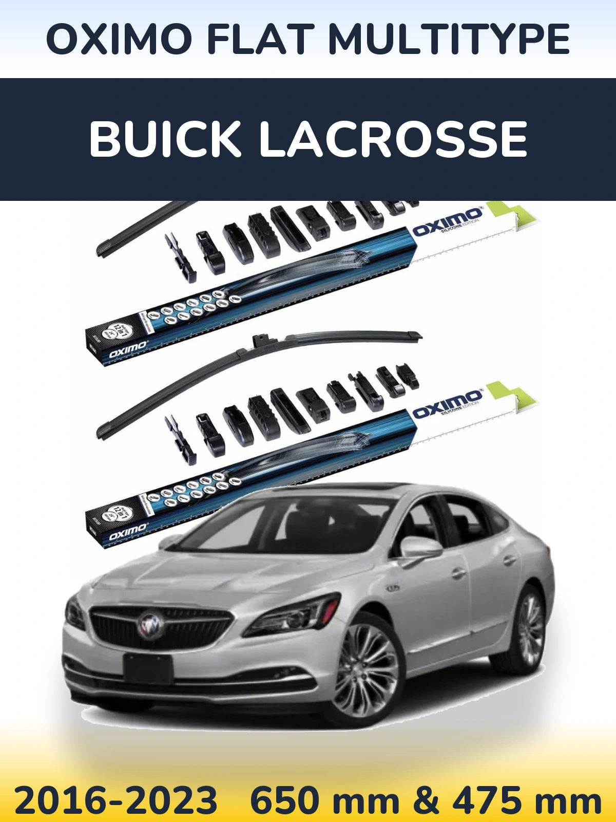 Front wiper blade set Oximo Flat MultiTipoe 650 & 475 mm for Buick LaCrosse 2016-2023