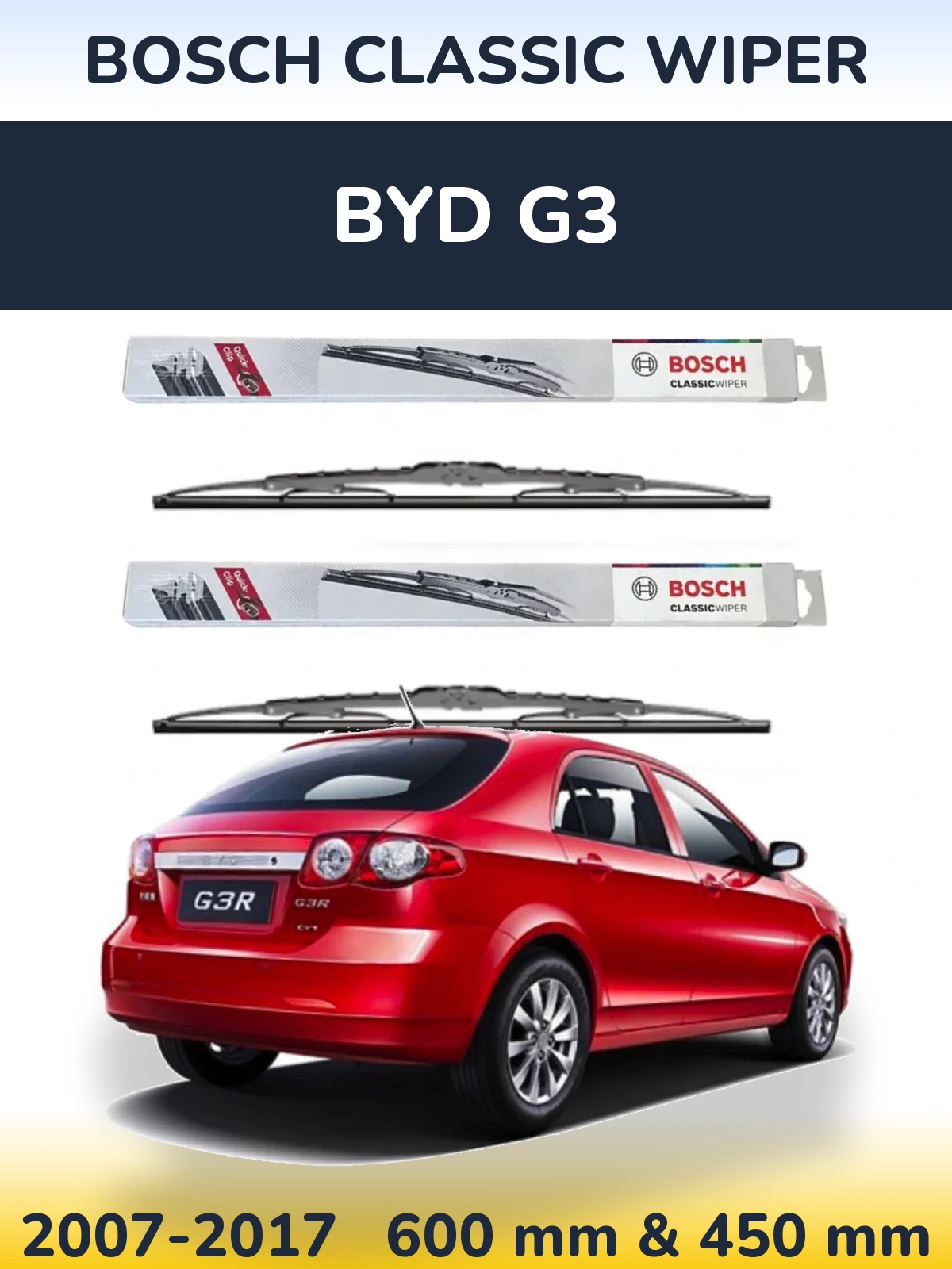 Front wiper blade set BOSCH Classic Wiper 600 & 450 mm for BYD G3 2007-2017