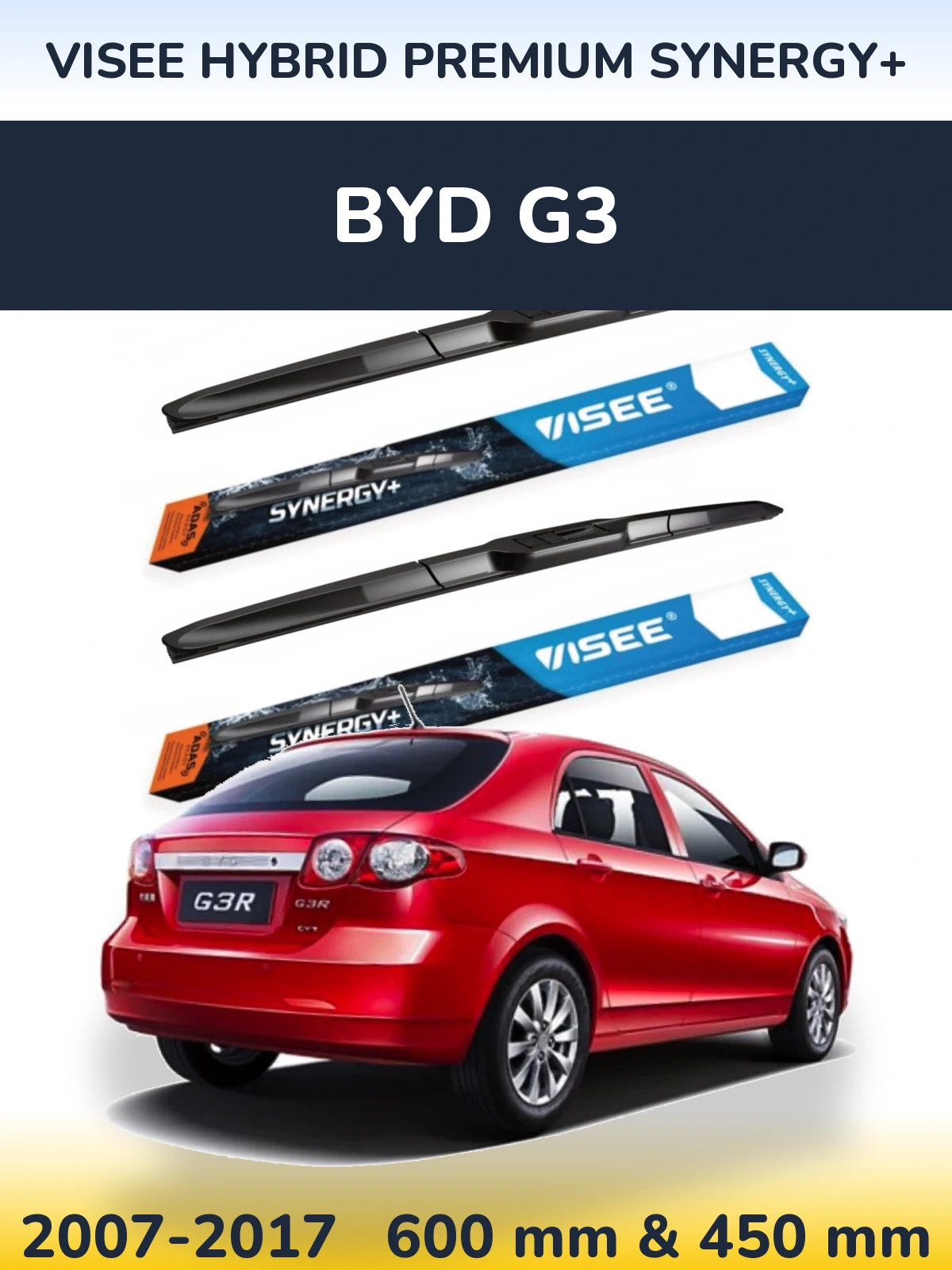 Front wiper blade set VISEE HYBRID PREMIUM SYNERGY+ 600 & 450 mm for BYD G3 2007-2017