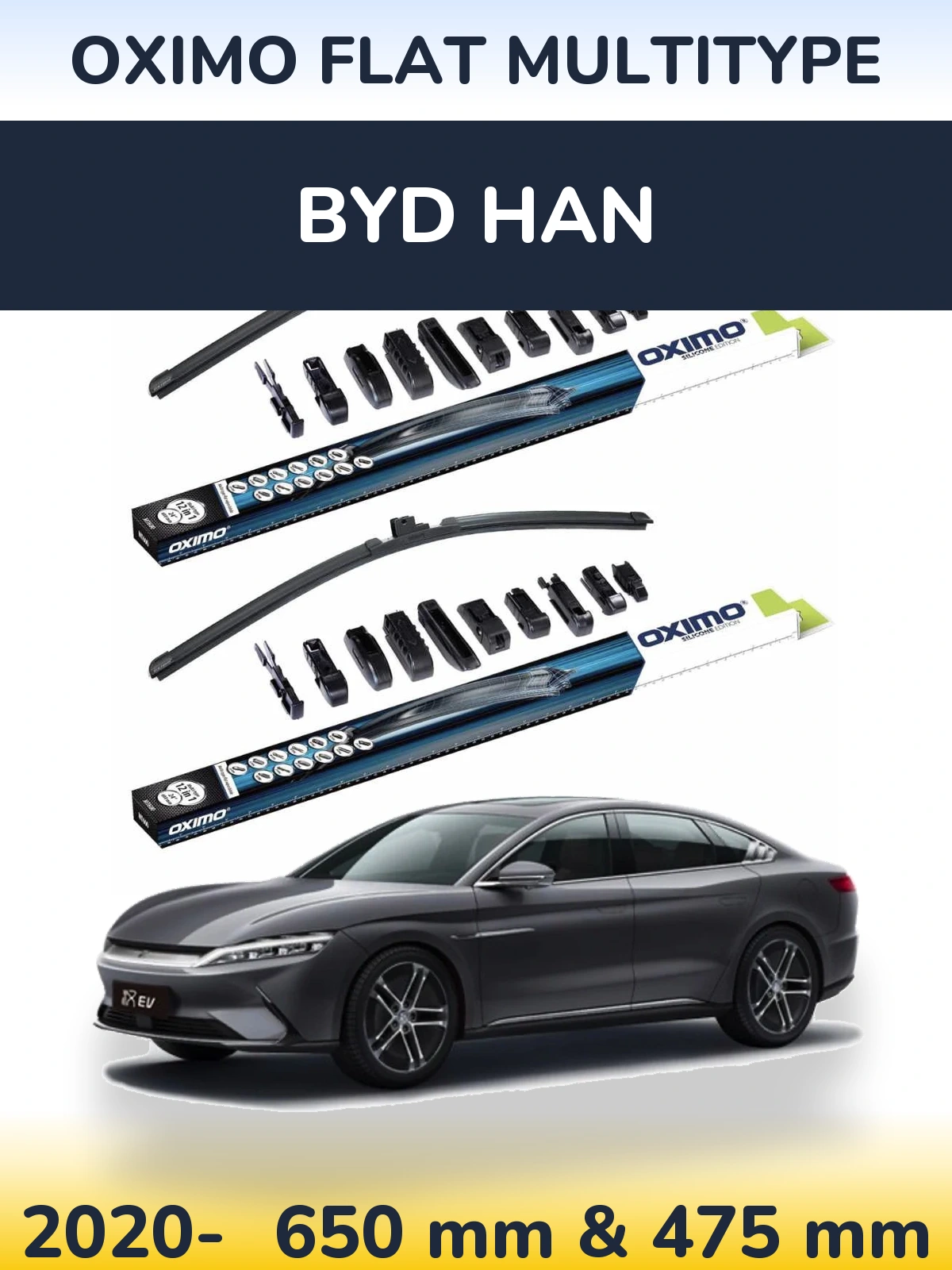 Front wiper blade set Oximo Flat MultiTipoe 650 & 475 mm for BYD Han 2020-2026