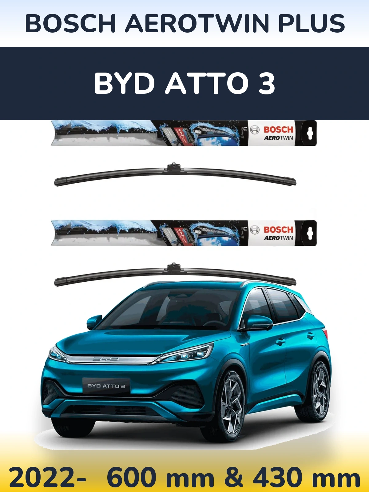 Front wiper blade set BOSCH AeroTwin Plus 600 & 430 mm for BYD Atto 3 2022-2026