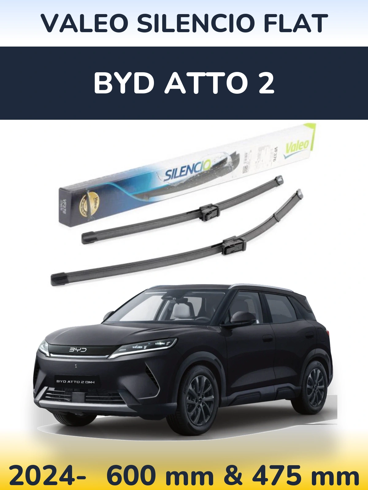 Front wiper blade set Valeo Silencio Flat 600 & 475 mm for BYD Atto 2 2024-2026