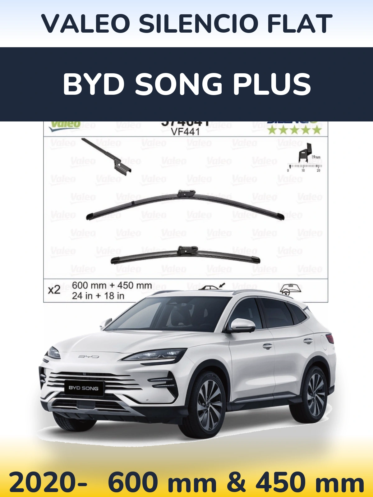 Front wiper blade set Valeo Silencio Flat 600 & 450 mm for BYD Song Plus 2020-2026