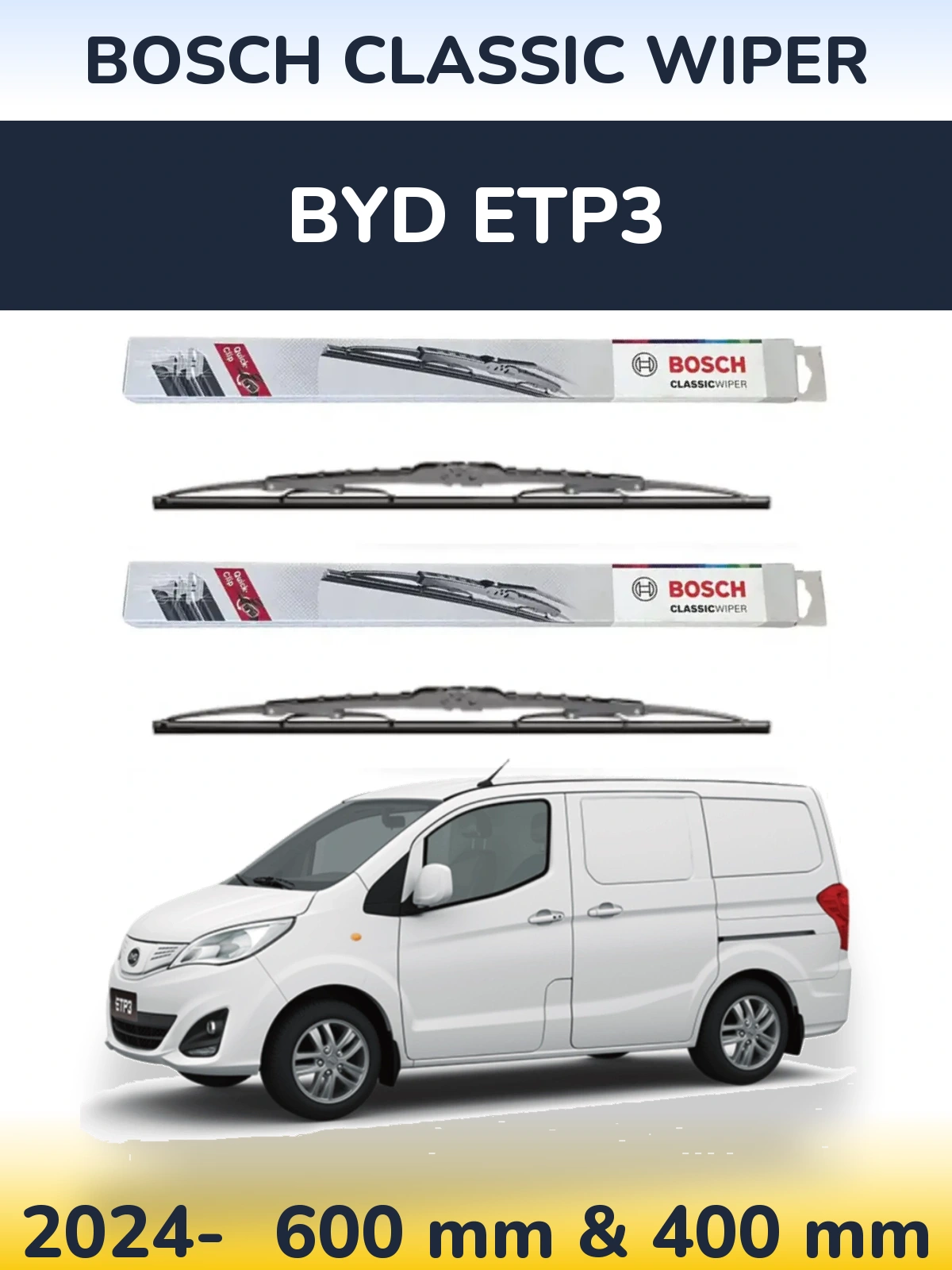 Front wiper blade set BOSCH Classic Wiper 600 & 400 mm for BYD ETP3 2024-2026