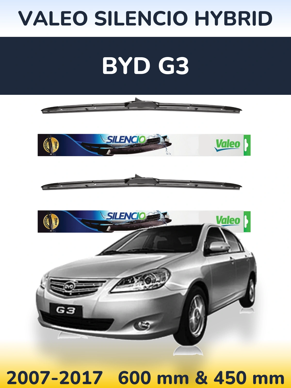 Front wiper blade set Valeo Silencio Hybrid 600 & 450 mm for BYD G3 2007-2017