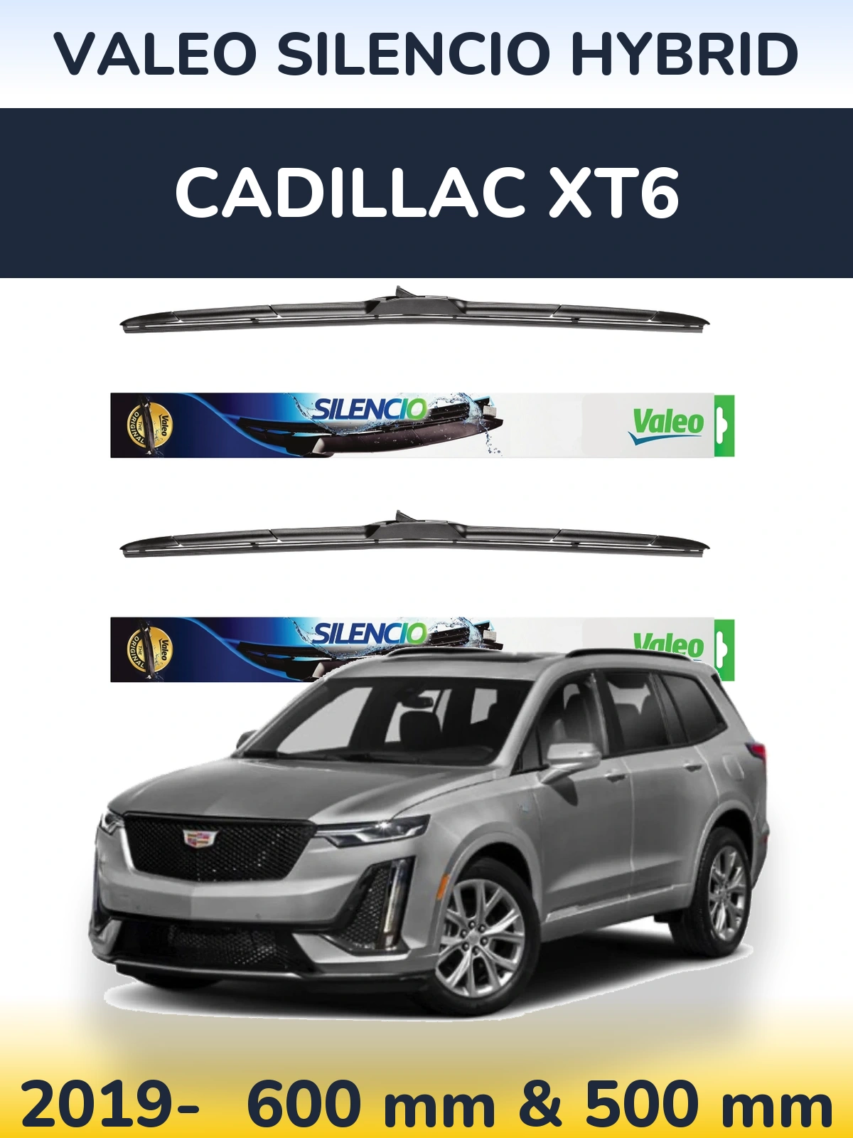 Front wiper blade set Valeo Silencio Hybrid 600 & 500 mm for Cadillac XT6 2019-2026