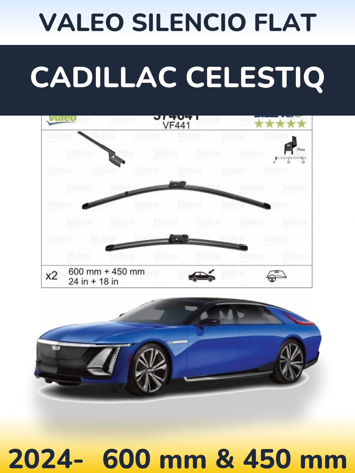 Комплект передніх щіток Valeo Silencio Flat 600 & 450 мм для Cadillac Celestiq 2024-2026