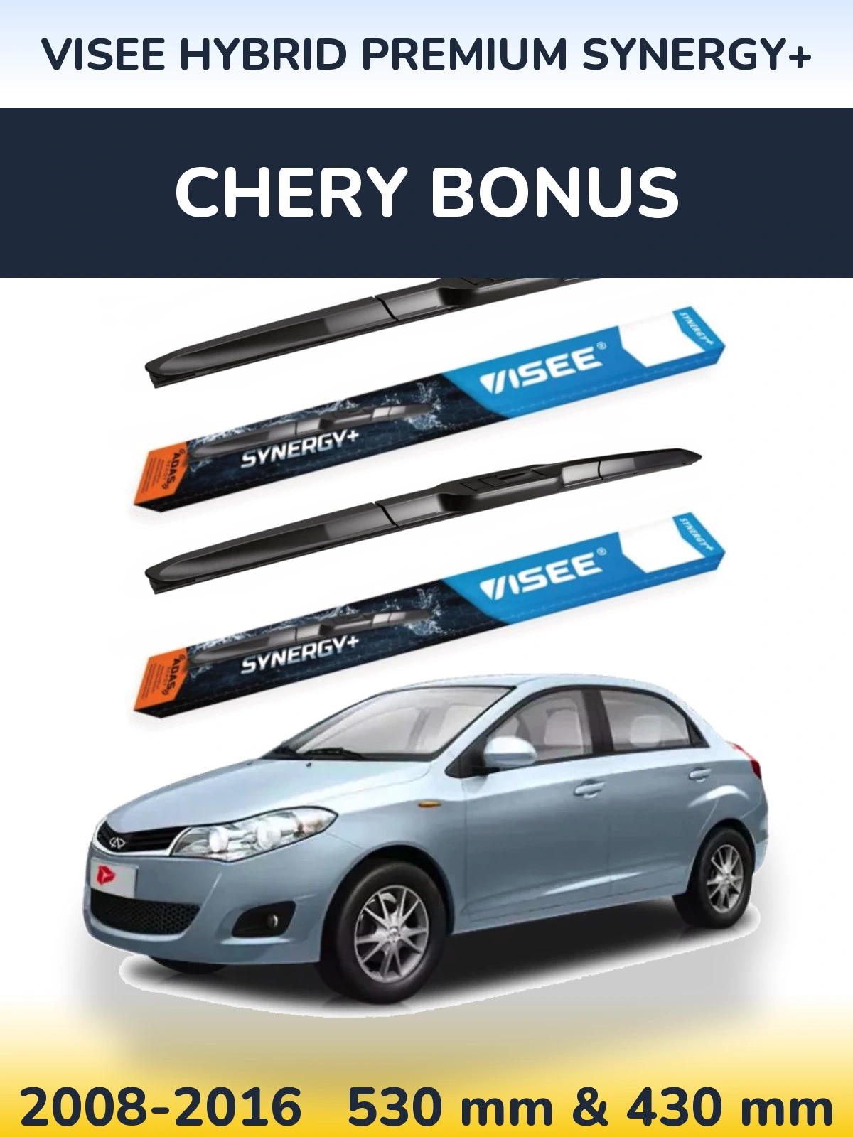 Front wiper blade set VISEE HYBRID PREMIUM SYNERGY+ 530 & 430 mm for Chery Bonus 2008-2016
