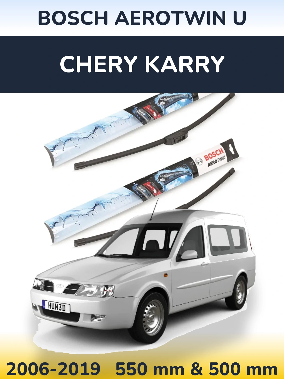 Front wiper blade set BOSCH AeroTwin U 550 & 500 mm for Chery Karry 2006-2019