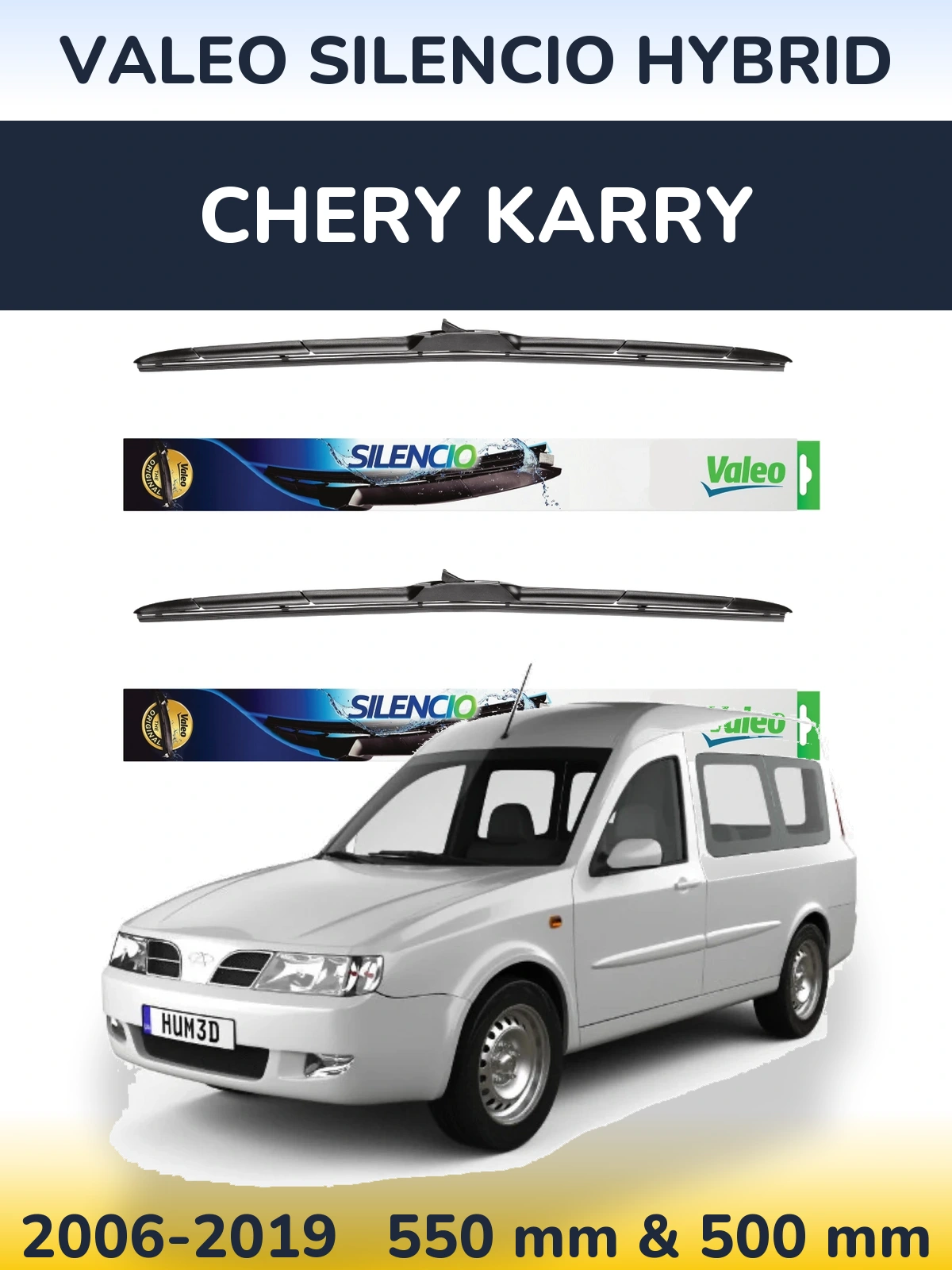 Front wiper blade set Valeo Silencio Hybrid 550 & 500 mm for Chery Karry 2006-2019