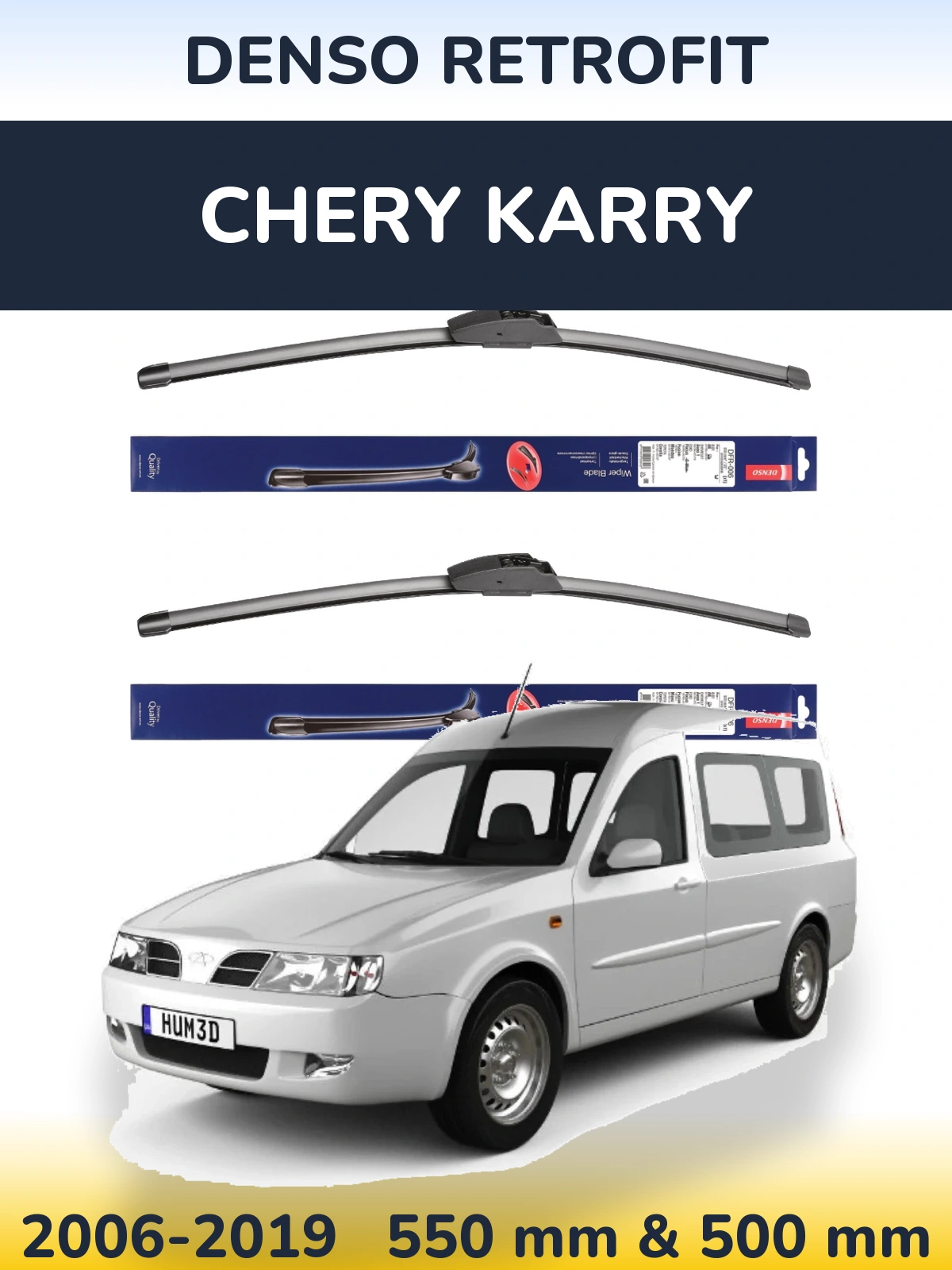 Front wiper blade set Denso Retrofit 550 & 500 mm for Chery Karry 2006-2019