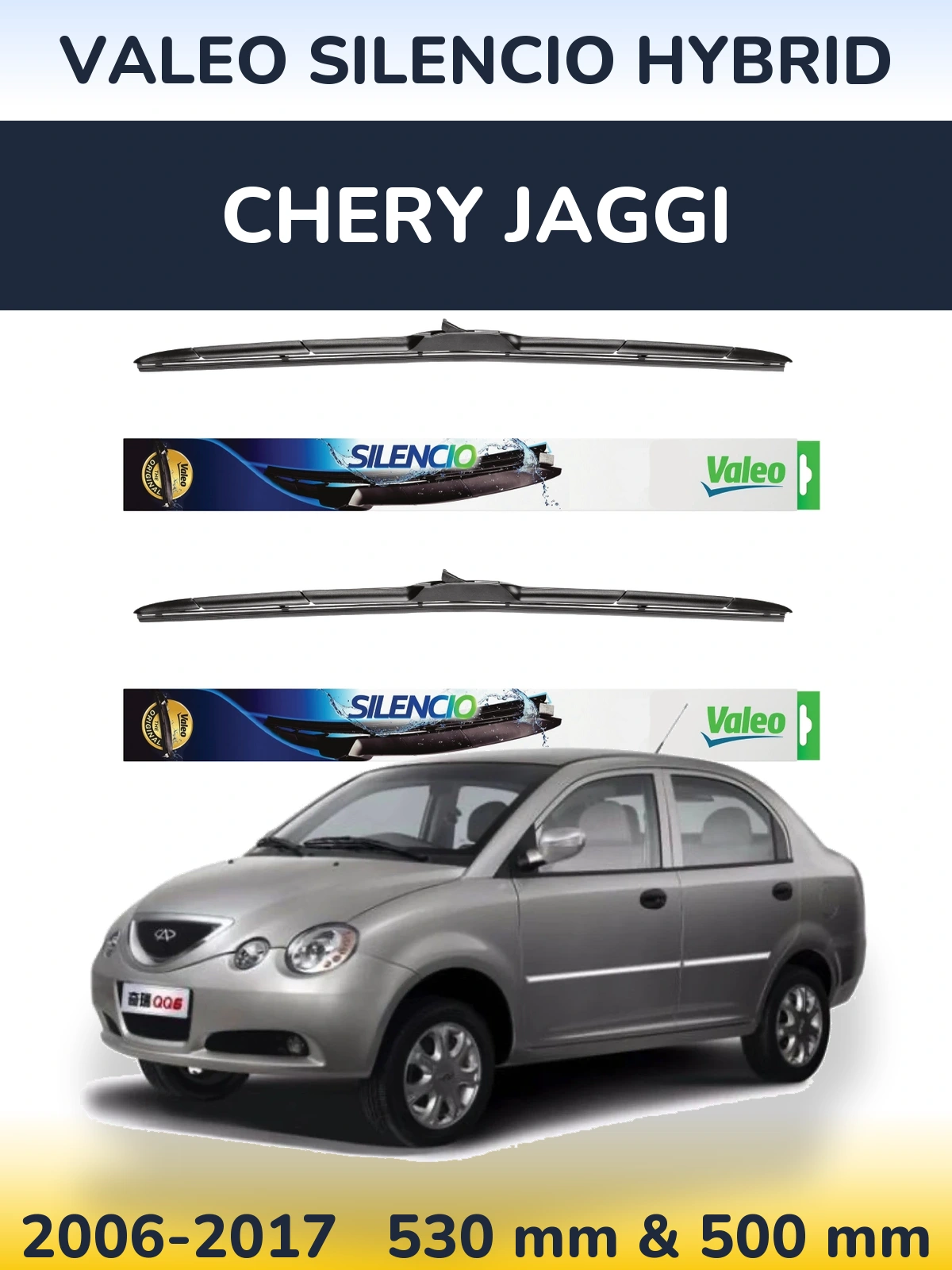 Front wiper blade set Valeo Silencio Hybrid 530 & 500 mm for Chery Jaggi 2006-2017