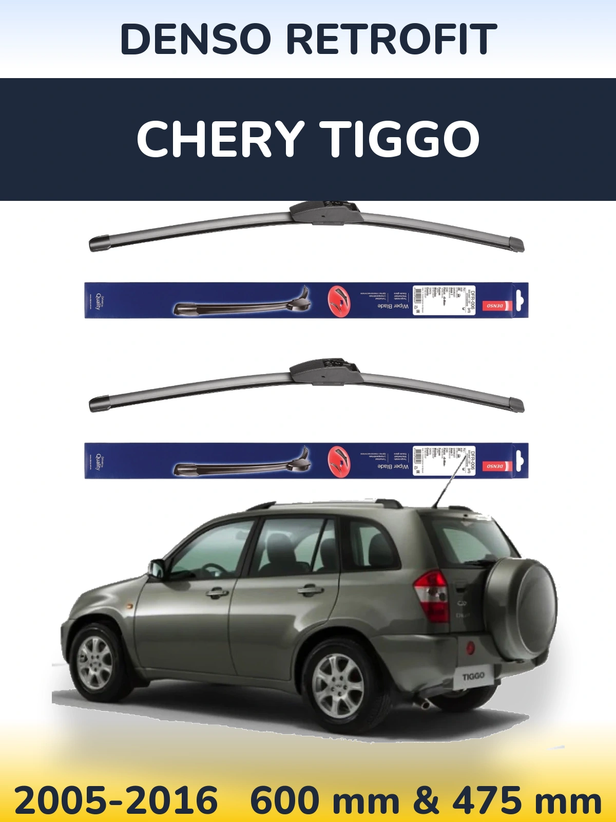 Front wiper blade set Denso Retrofit 600 & 475 mm for Chery Tiggo 2005-2016