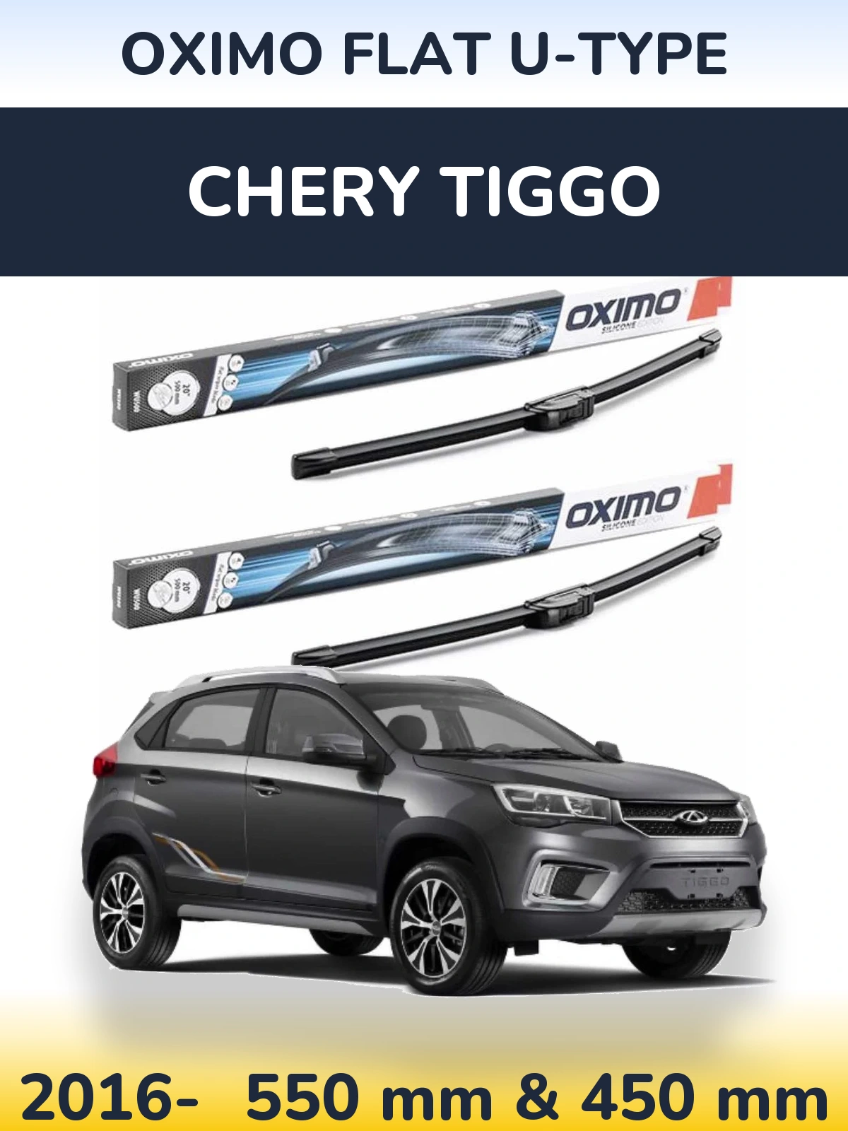 Front wiper blade set Oximo Flat U-type 550 & 450 mm for Chery Tiggo 2016-2026