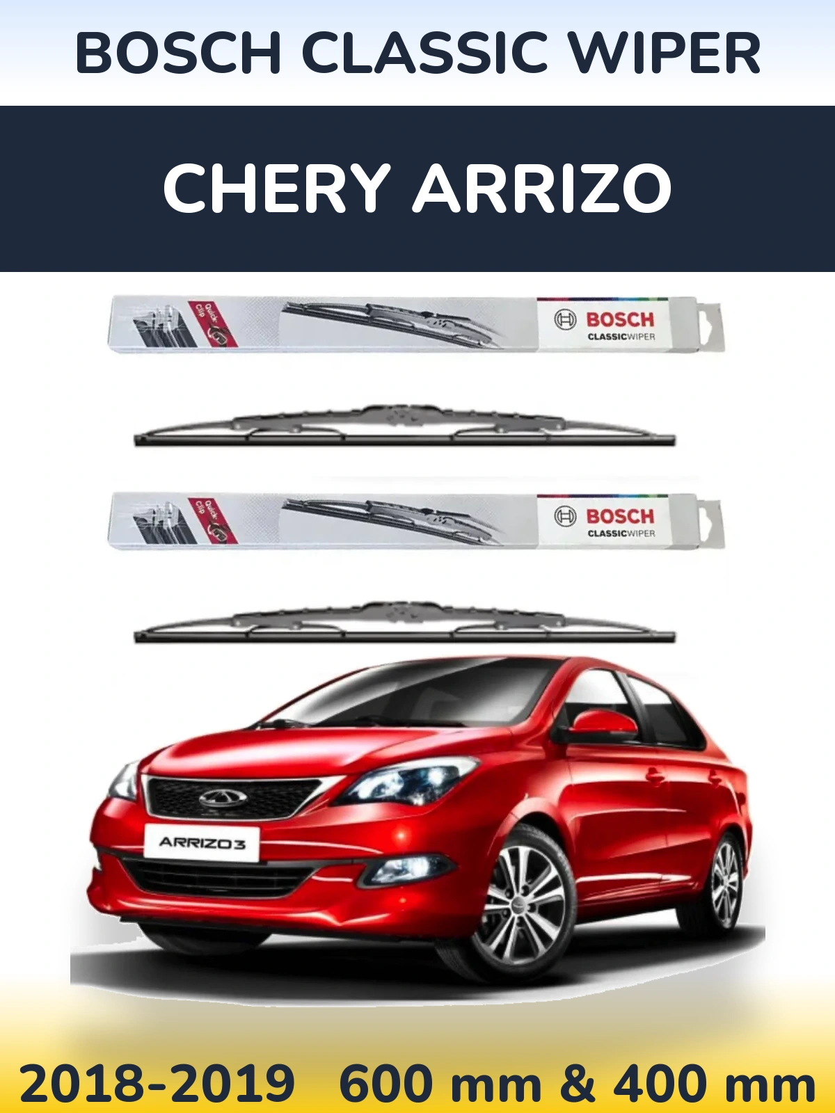 Front wiper blade set BOSCH Classic Wiper 600 & 400 mm for Chery Arrizo 2018-2019