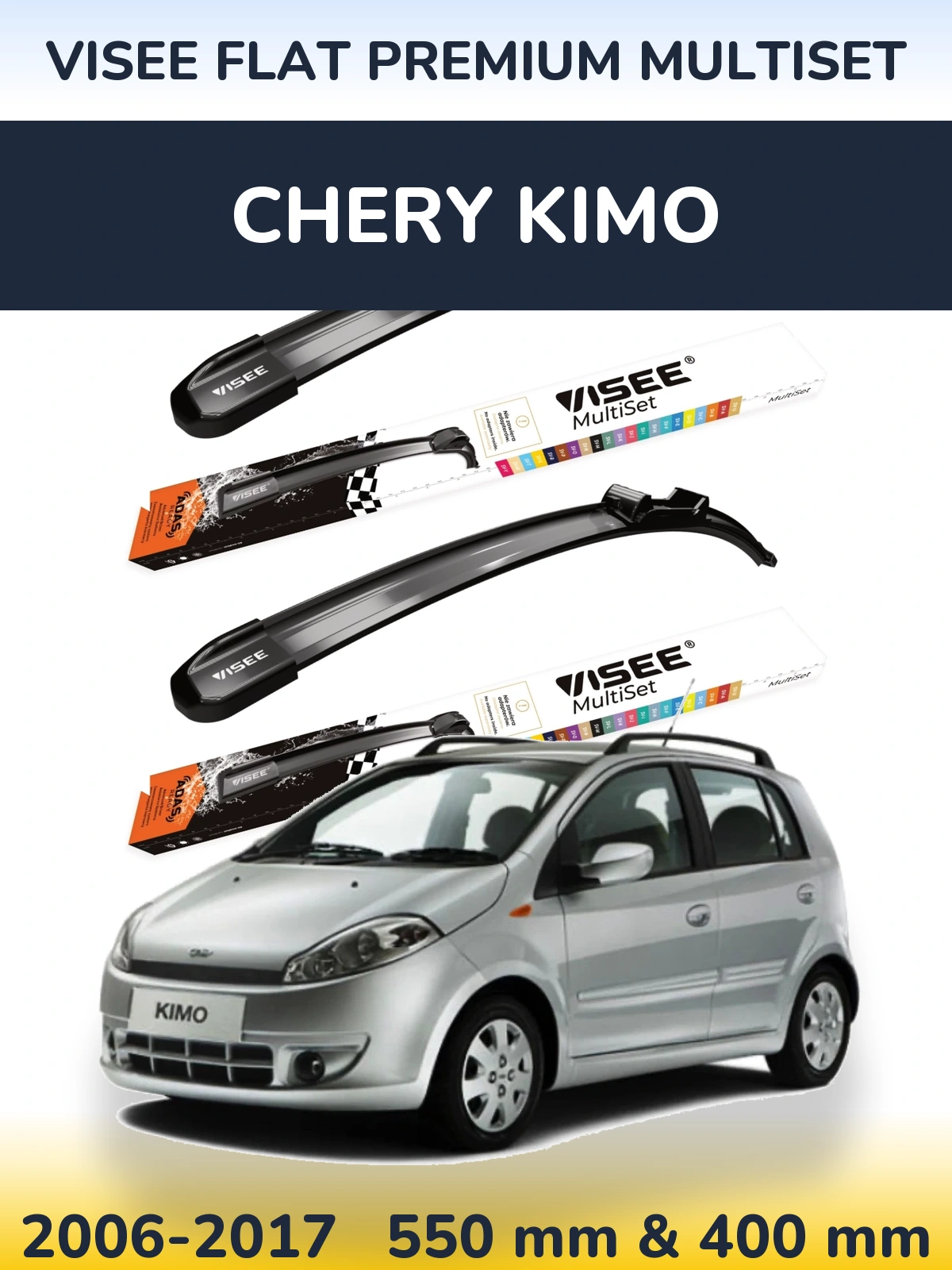 Front wiper blade set VISEE FLAT PREMIUM MultiSet 550 & 400 mm for Chery Kimo 2006-2017