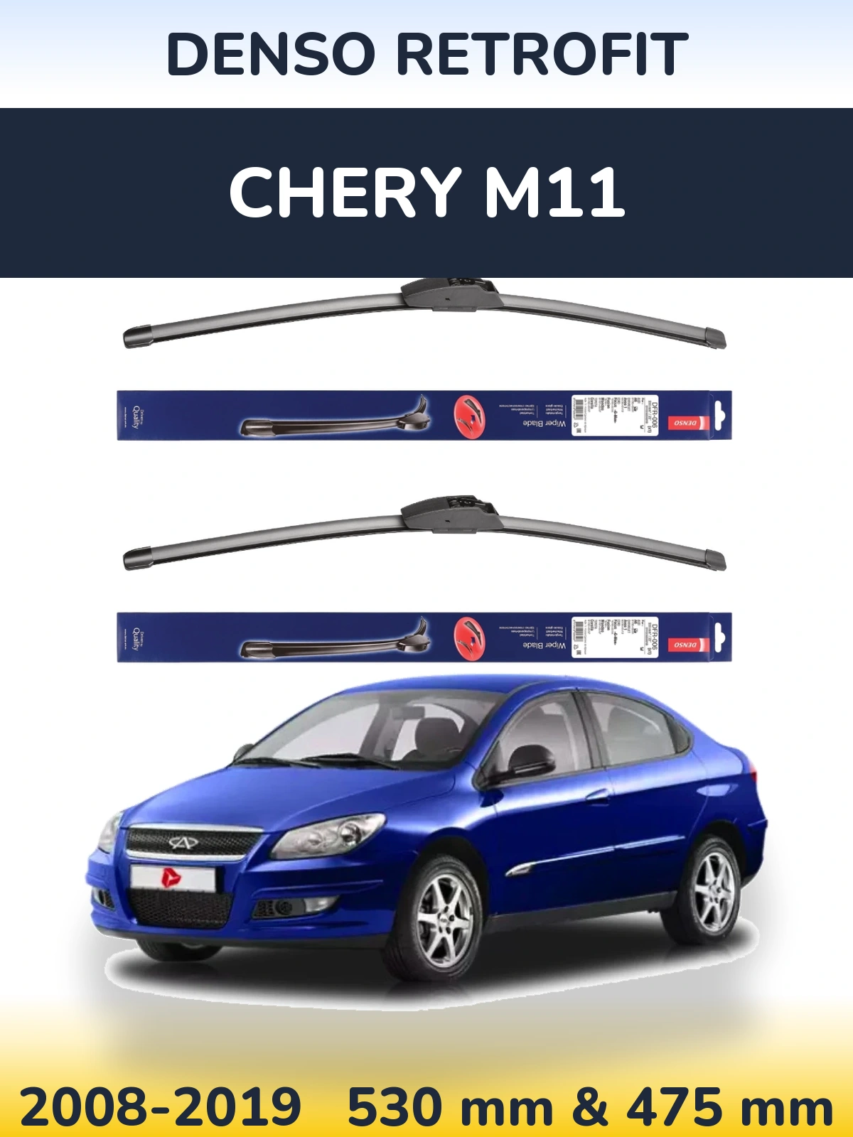 Front wiper blade set Denso Retrofit 530 & 475 mm for Chery M11 2008-2019