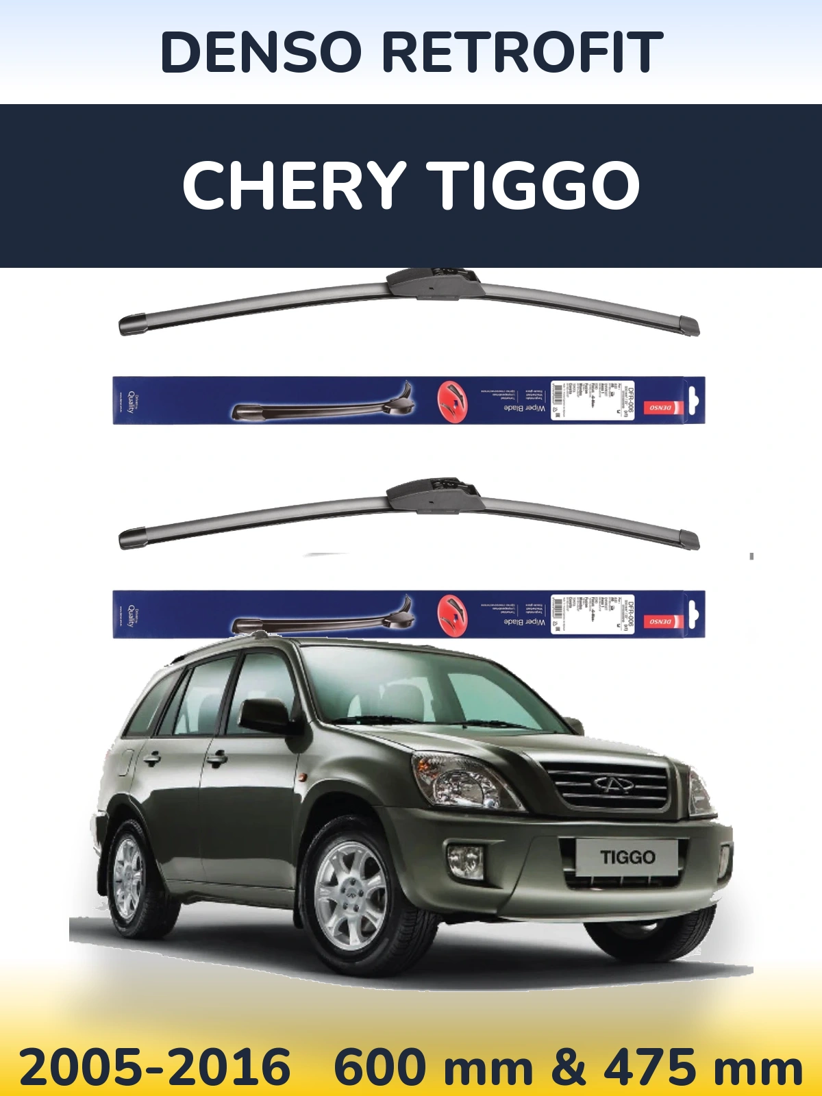 Front wiper blade set Denso Retrofit 600 & 475 mm for Chery Tiggo 2005-2016