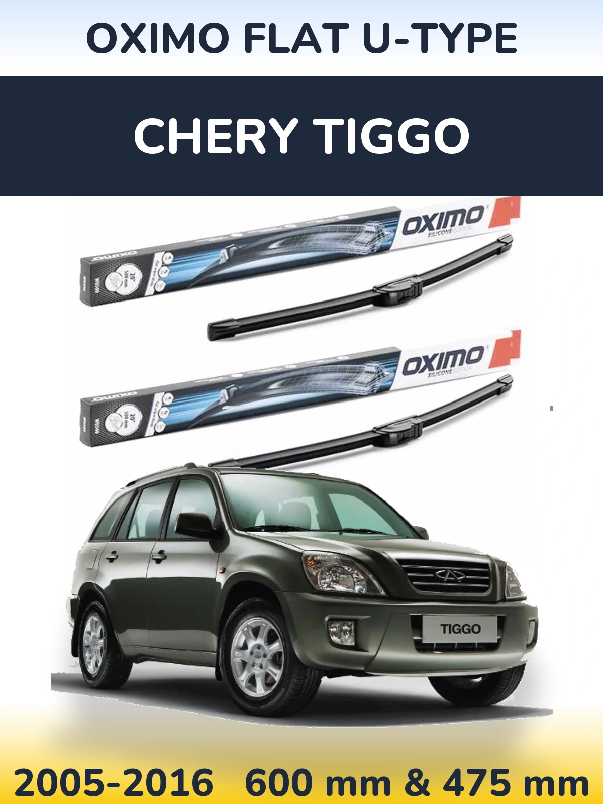 Front wiper blade set Oximo Flat U-type 600 & 475 mm for Chery Tiggo 2005-2016