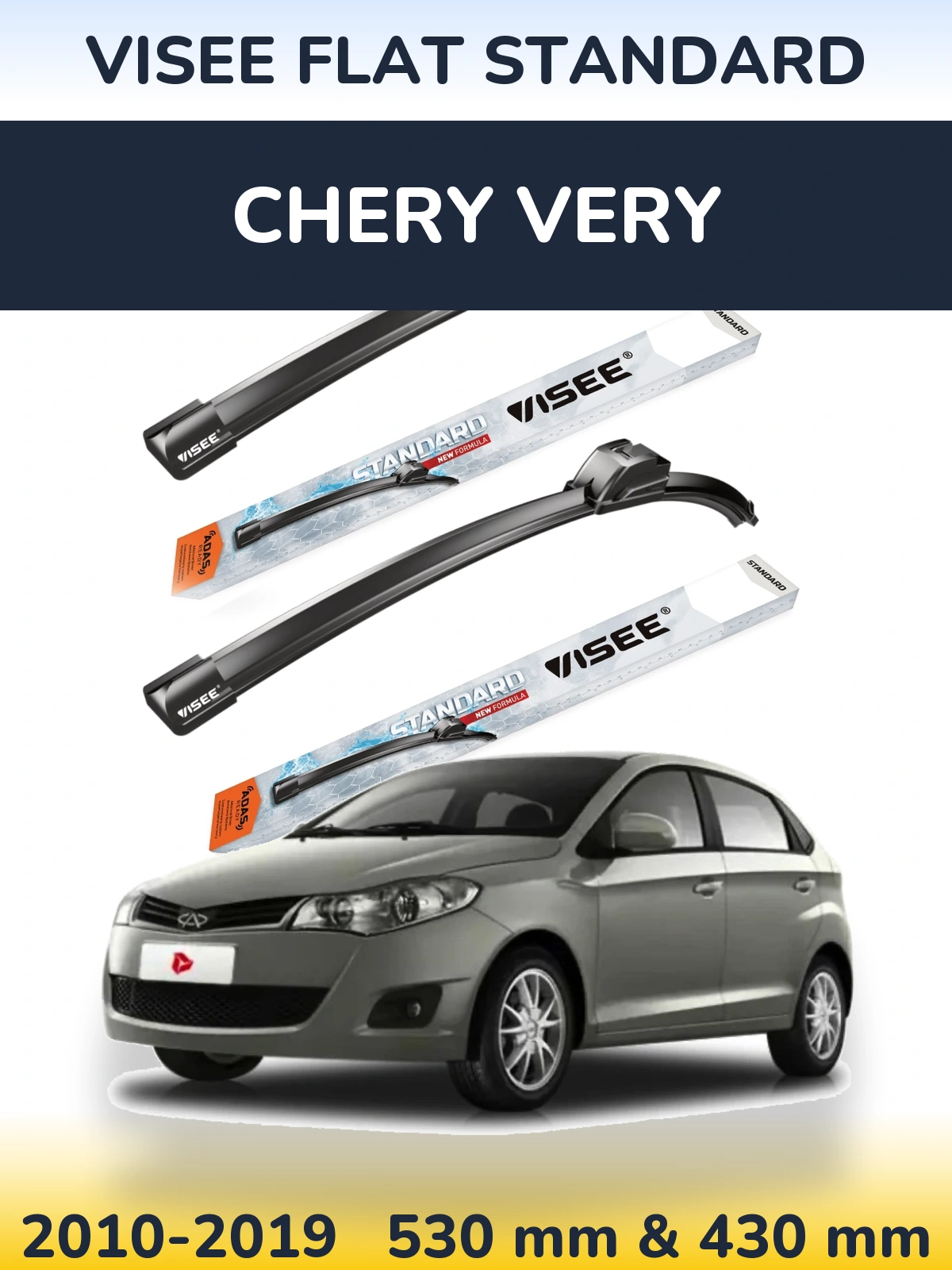 Front wiper blade set VISEE FLAT STANDARD 530 & 430 mm for Chery Very 2010-2019