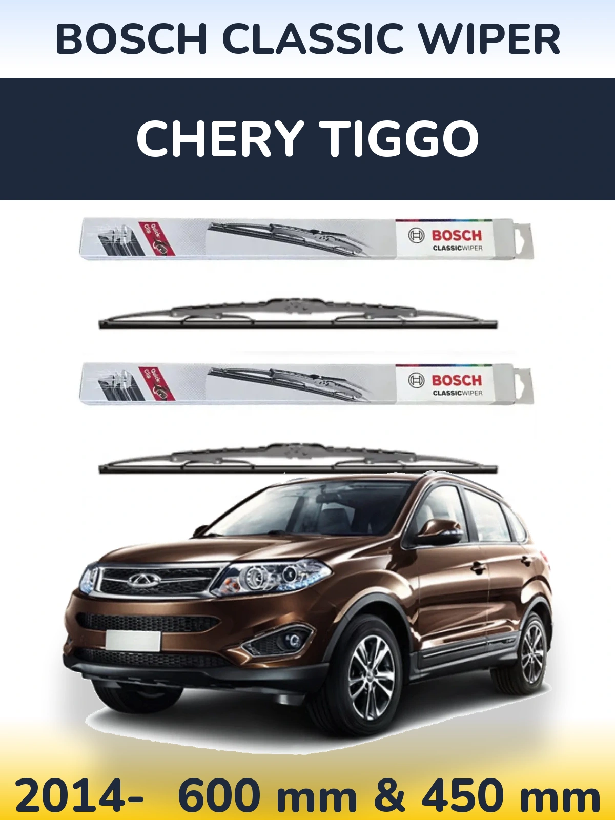Front wiper blade set BOSCH Classic Wiper 600 & 450 mm for Chery Tiggo 2014-2026