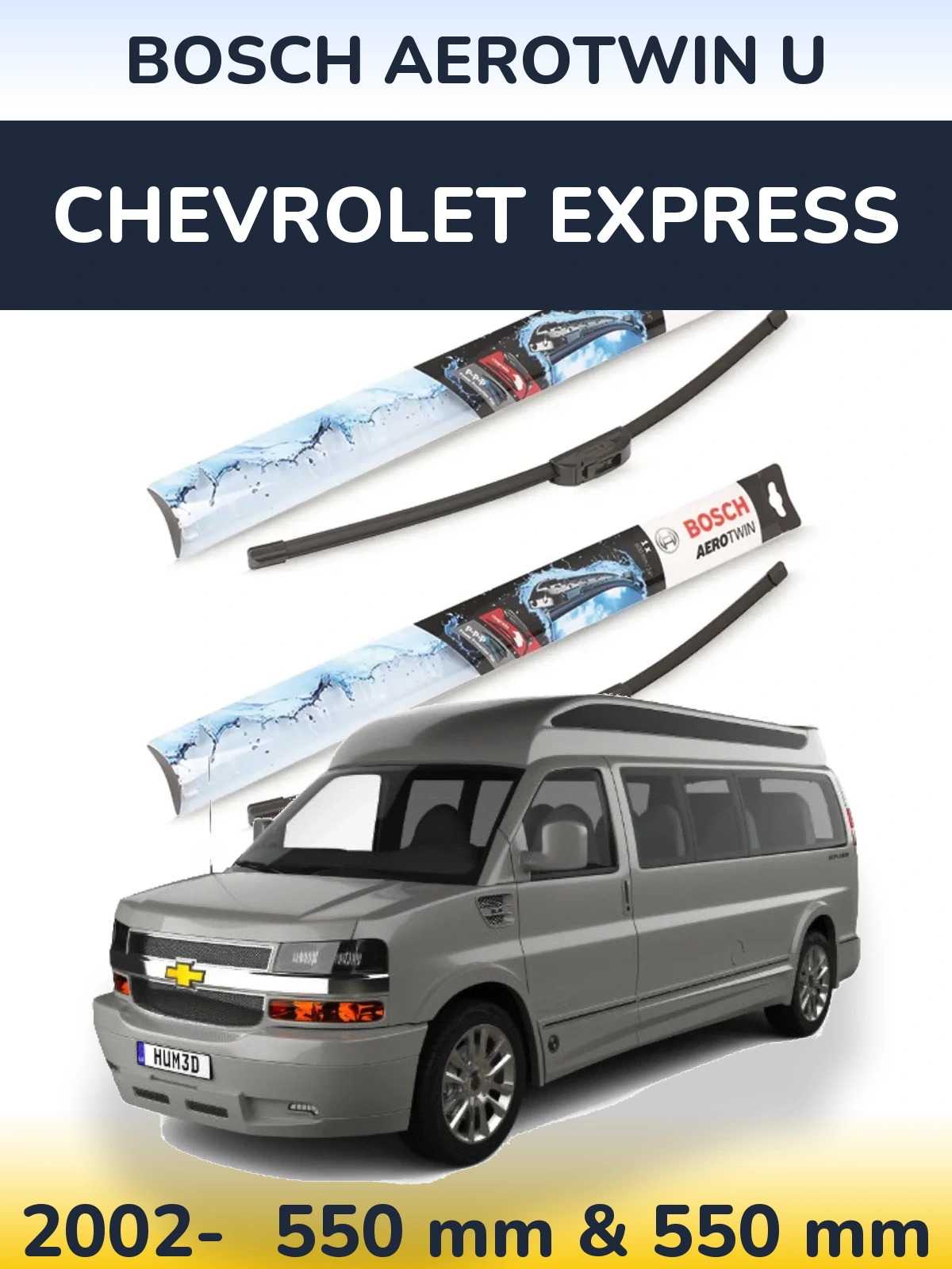 Front wiper blade set BOSCH AeroTwin U 550 & 550 mm for Chevrolet Express 2002-2026