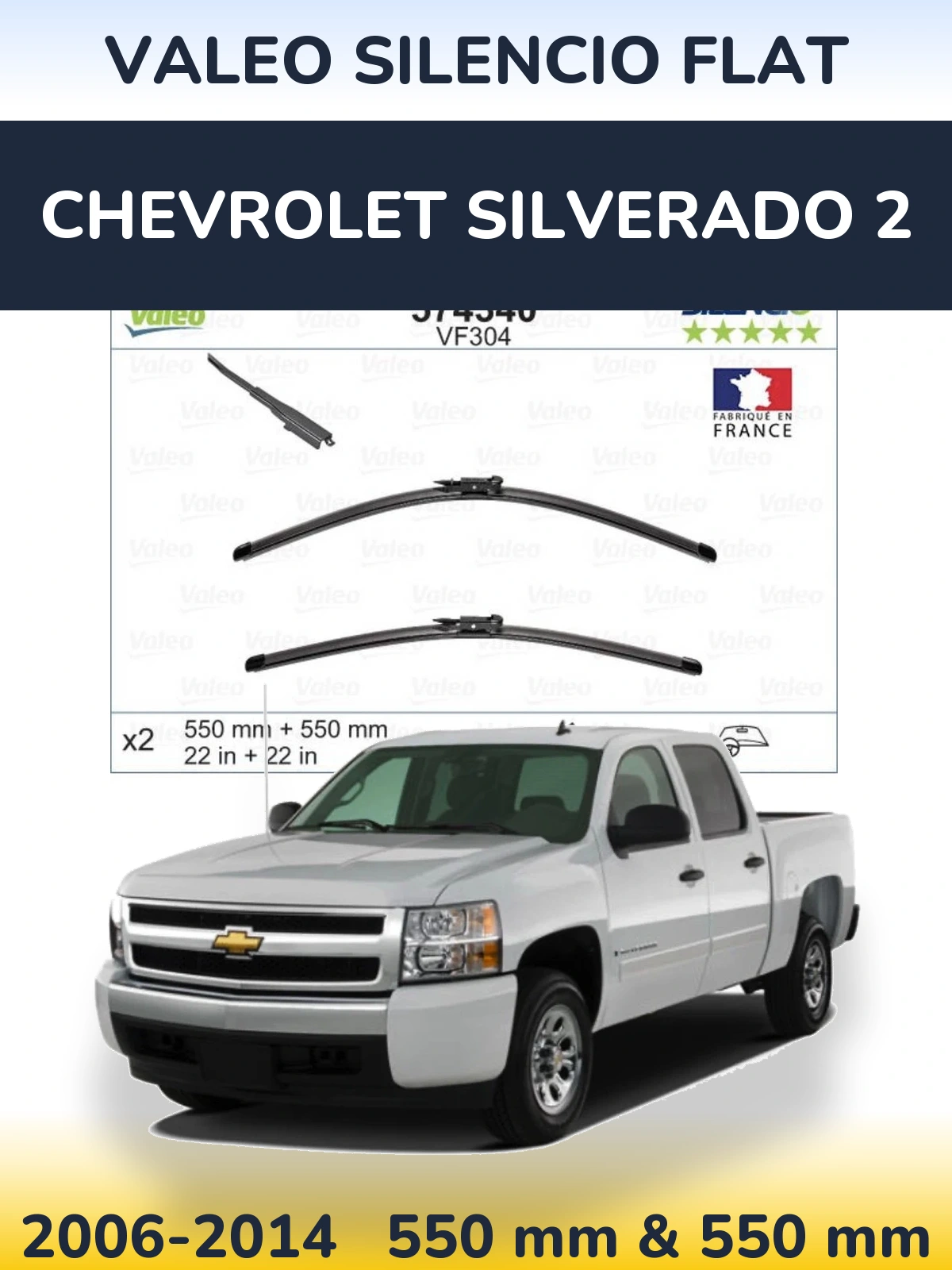 Front wiper blade set Valeo Silencio Flat 550 & 550 mm for Chevrolet Silverado 2 2006-2014