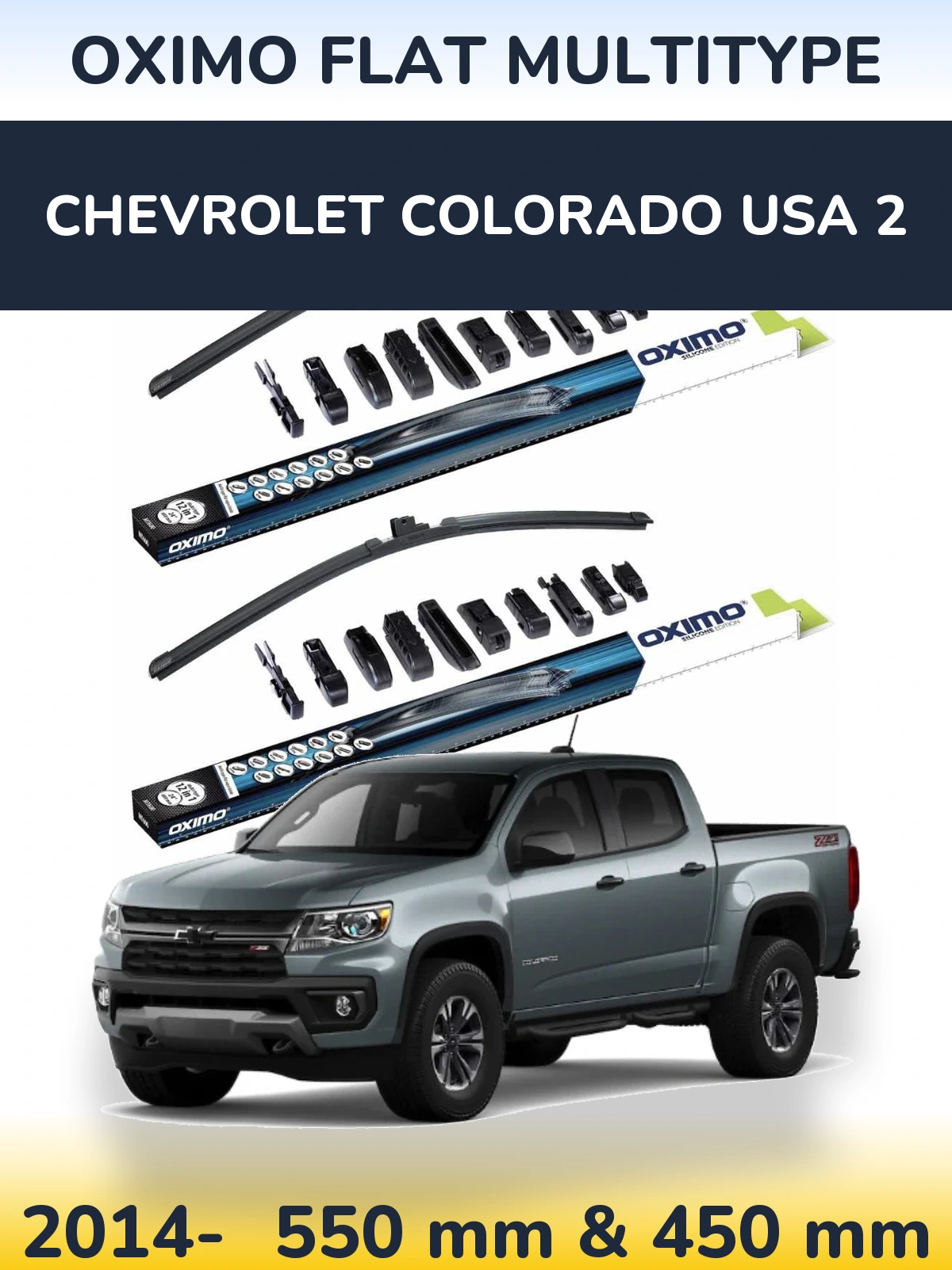 Front wiper blade set Oximo Flat MultiTipoe 550 & 450 mm for Chevrolet Colorado USA 2 2014-2026