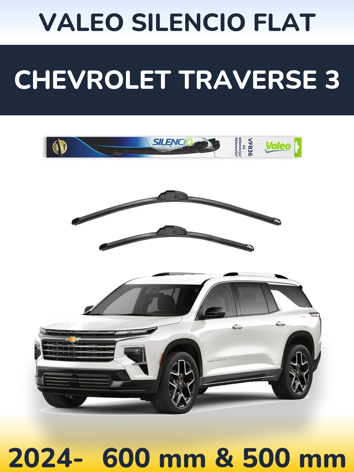 Front wiper blade set Valeo Silencio Flat 600 & 500 mm for Chevrolet Traverse 3 2024-2026
