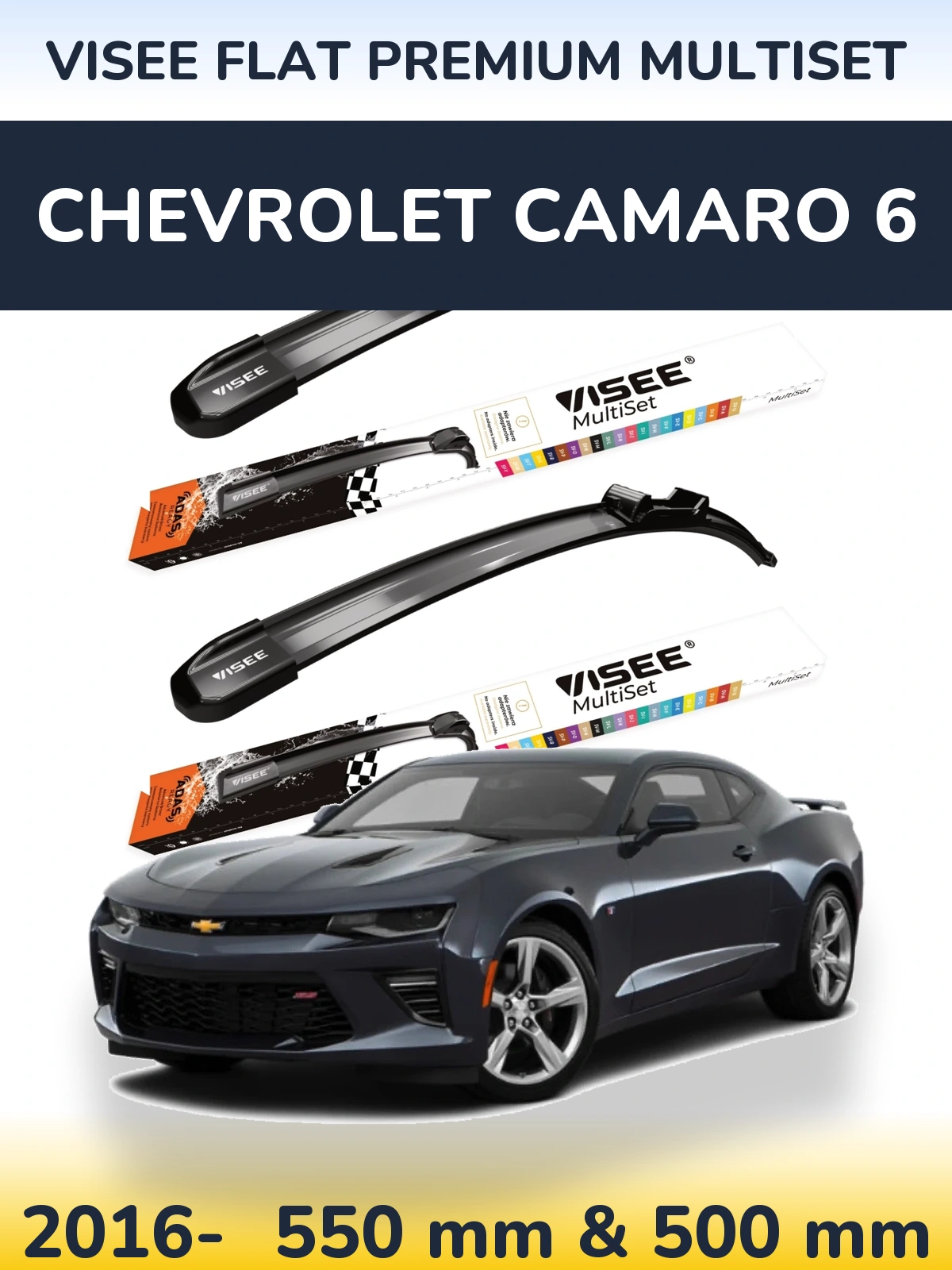 Front wiper blade set VISEE FLAT PREMIUM MultiSet 550 & 500 mm for Chevrolet Camaro 6 2016-2026